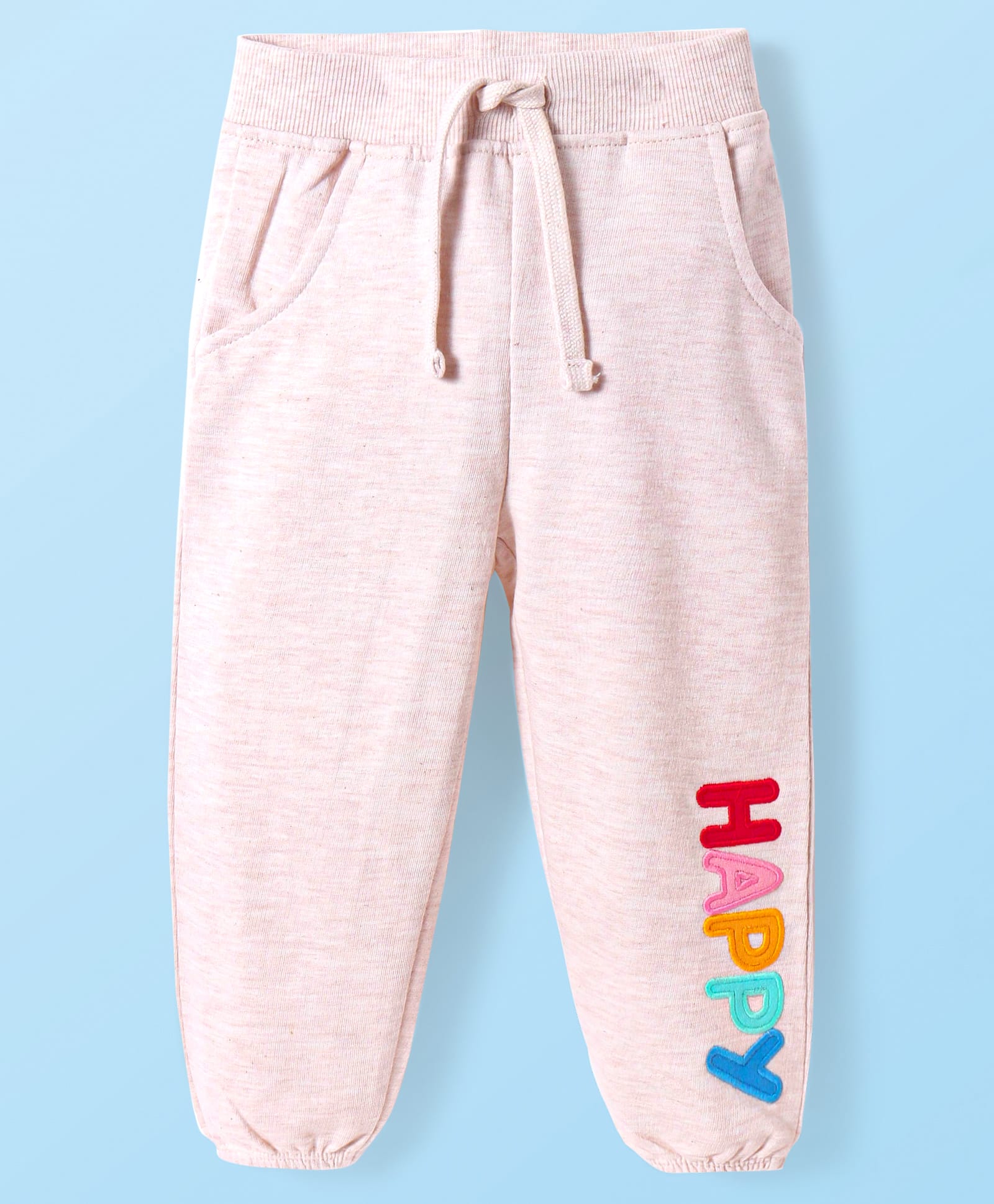 Babyhug Terry Knit Full Length Lounge Pants with Happy Text Patch - Grey-picture-10