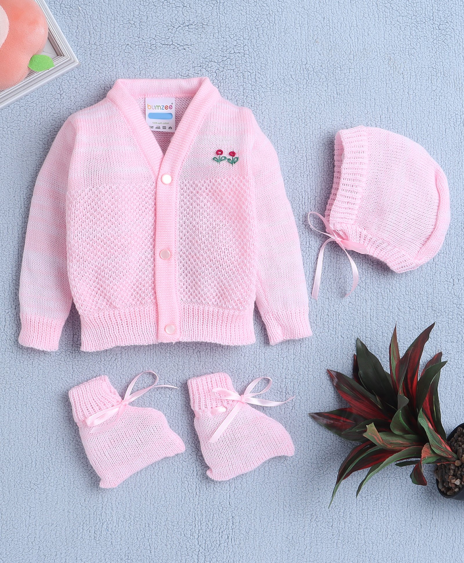 BUMZEE Full Sleeves Floral Embroidered Sweater With Cap & Socks Set - Pink-picture-26