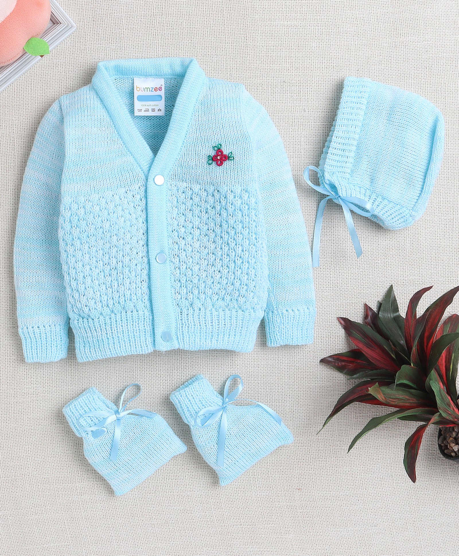 BUMZEEBlend Full Sleeves Floral Embroidered Sweater With Cap & Socks Set - Aqua Blue-image-30