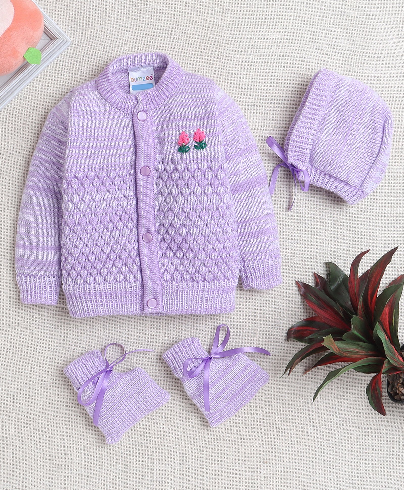 BUMZEE Full Sleeves Floral Embroidered Sweater With Cap & Socks Set - Lavender-image-33