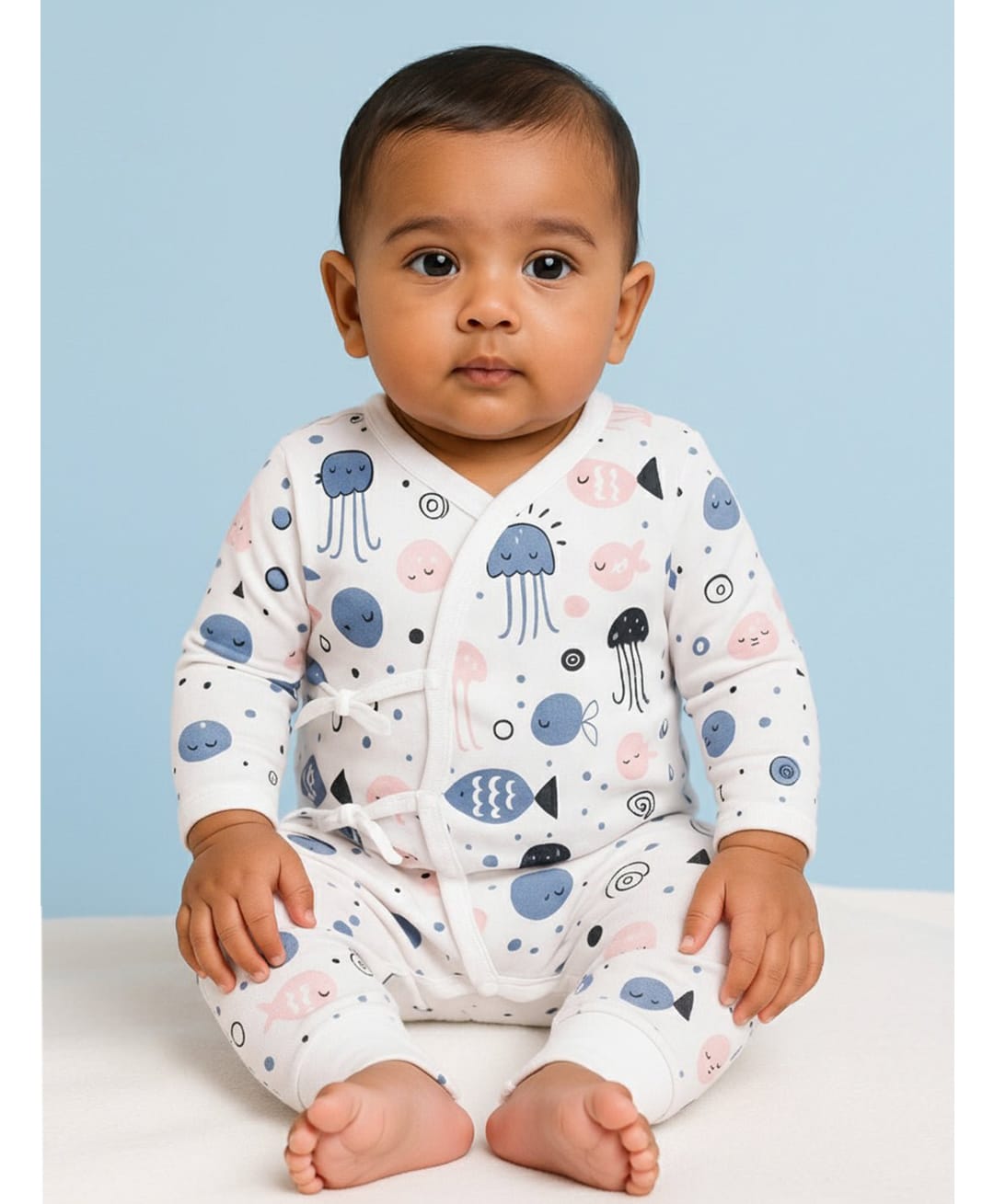 The Mom Store Cotton Full Sleeves Sea Life Printed Romper - White-picture-17