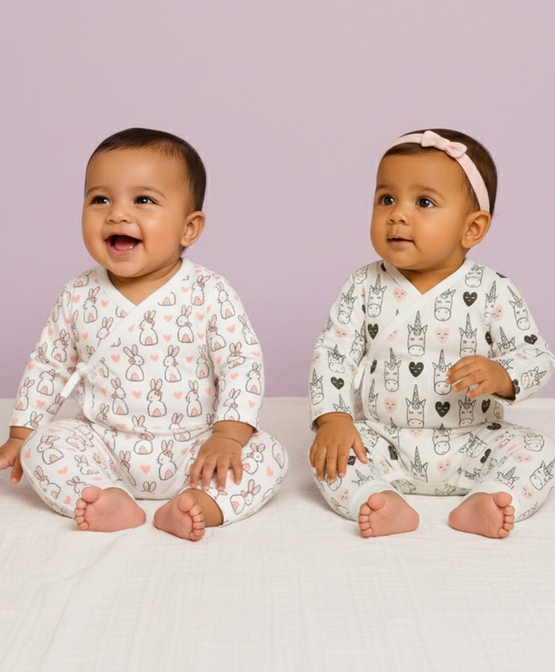 The Mom Store Cotton Pack Of 2 Full Sleeves Unicorns & Rabbits Printed Rompers - White-picture-27