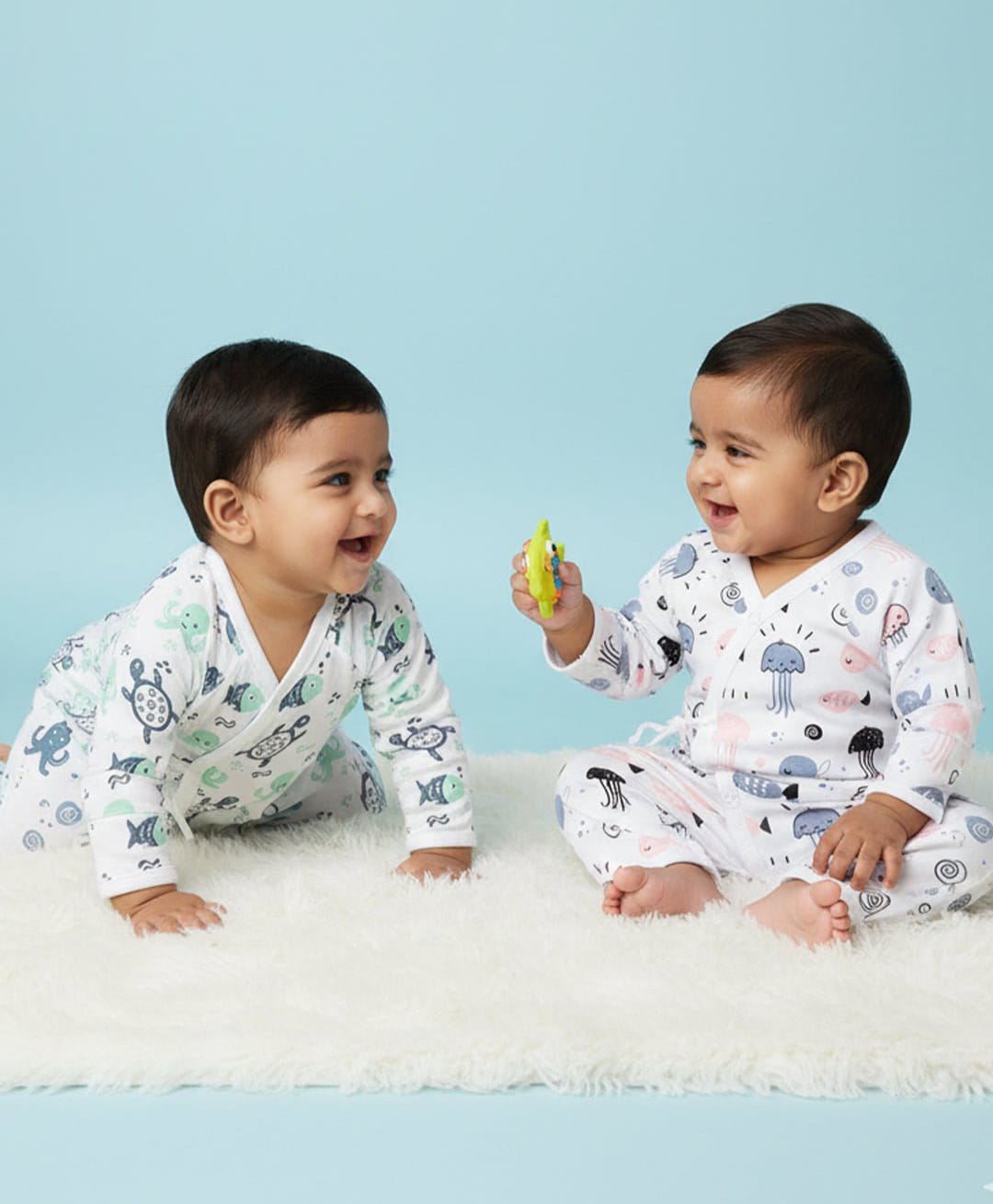 The Mom Store Cotton Pack Of 2 Full Sleeves Sea Life Printed Rompers - Multi Colour-image-44