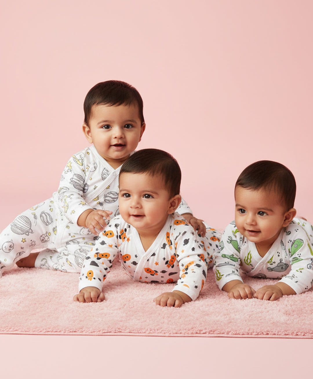 The Mom Store Cotton Pack Of 3 Full Sleeves Space Theme & Sea Life Printed Rompers - White-picture-11