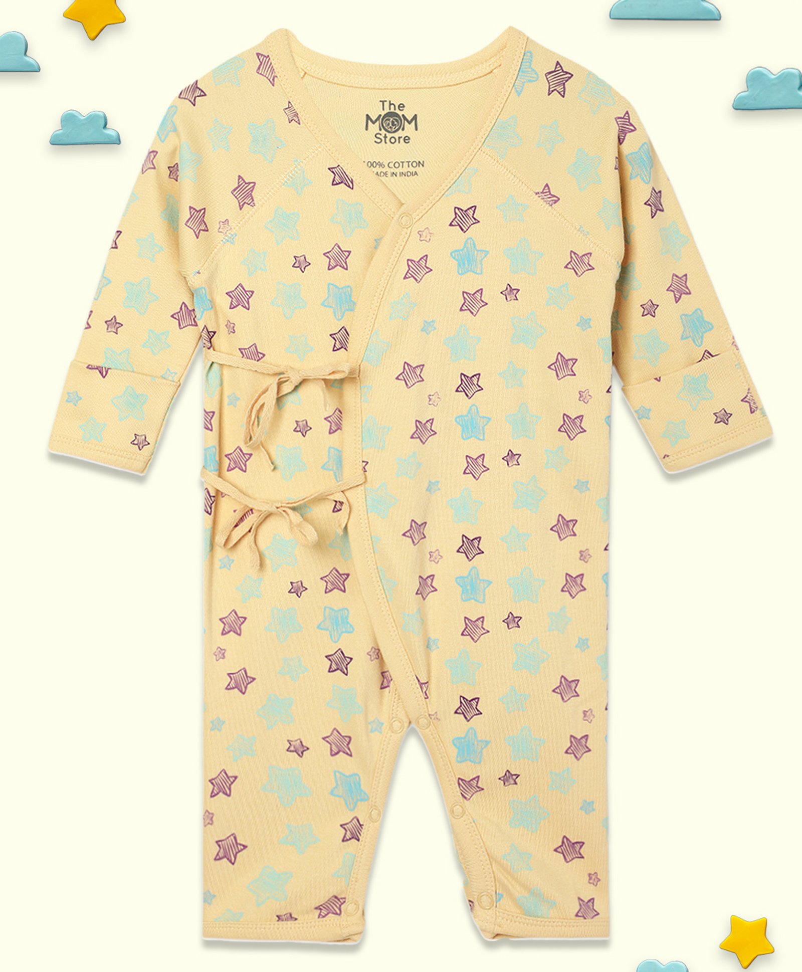 The Mom Store Cotton Full Sleeves Stars Printed Romper - Beige-image-30
