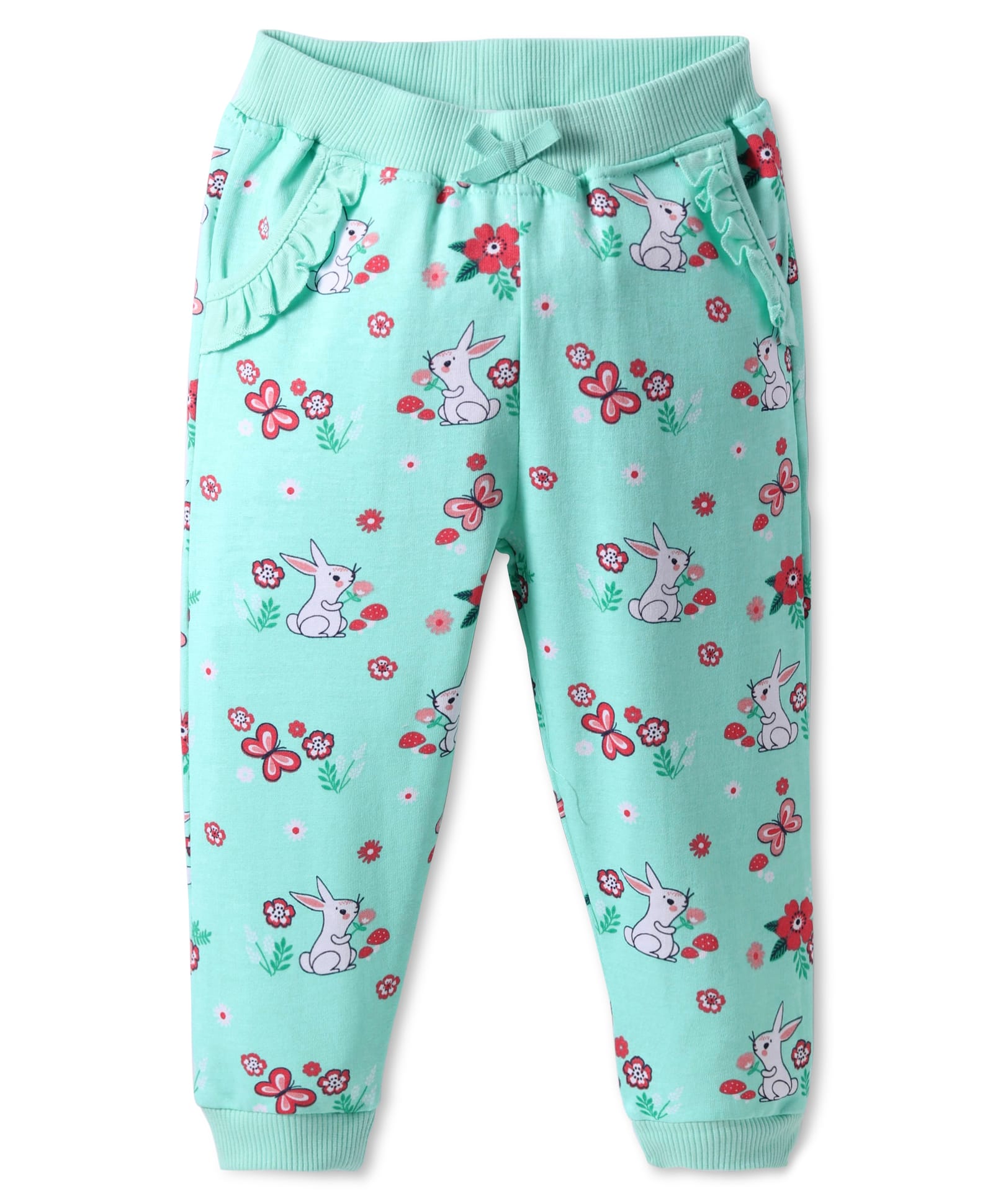 Babyhug Cotton Knit Full Length Lounge Pant with Rabbit Print - Sea Green