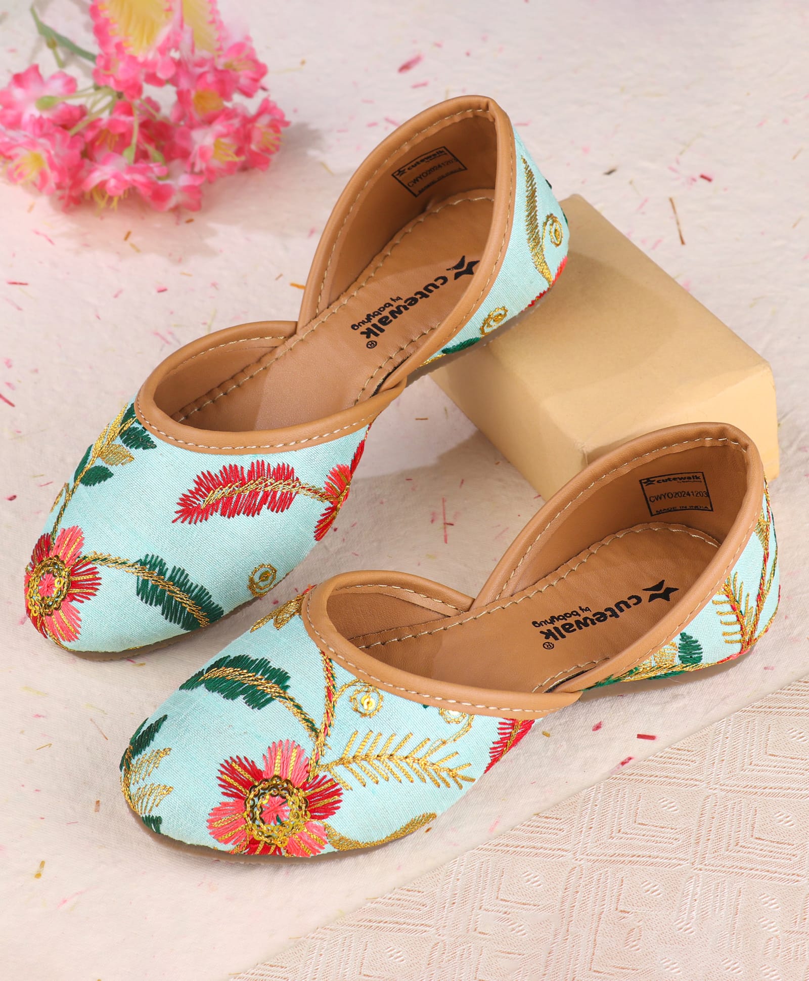 Cute Walk by Babyhug Slip On Mojaris with Floral Embroidery - Sea Green