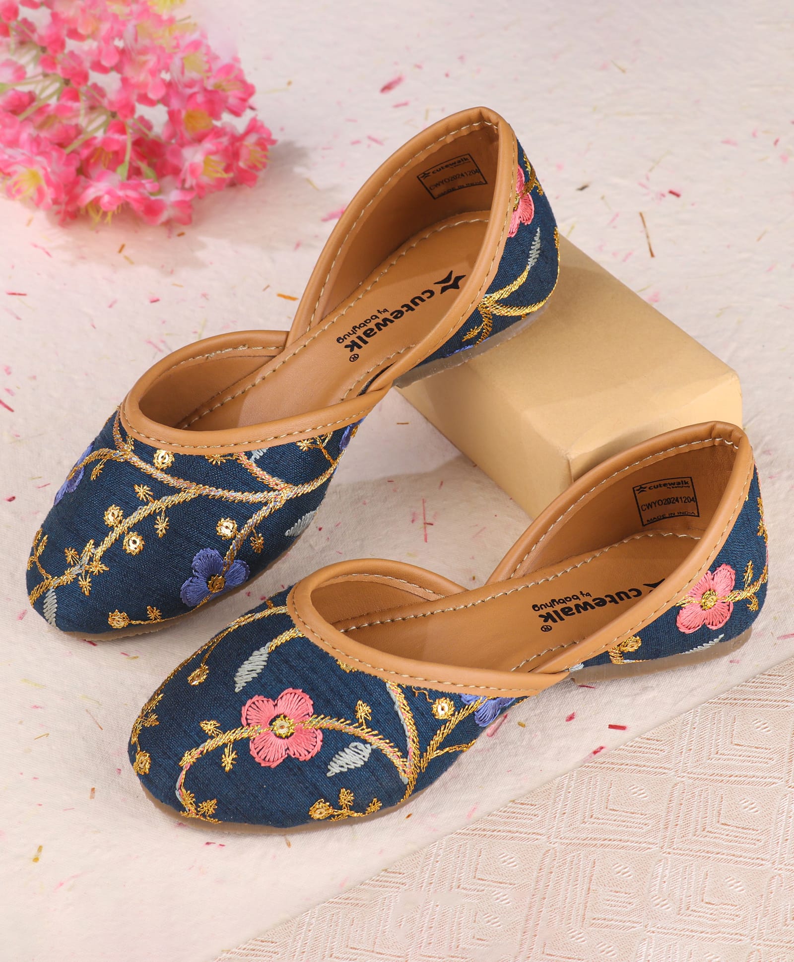 Cute Walk by Babyhug Slip On Mojaris with Floral Embroidery & Sequin Detailing - Navy Blue-image-25