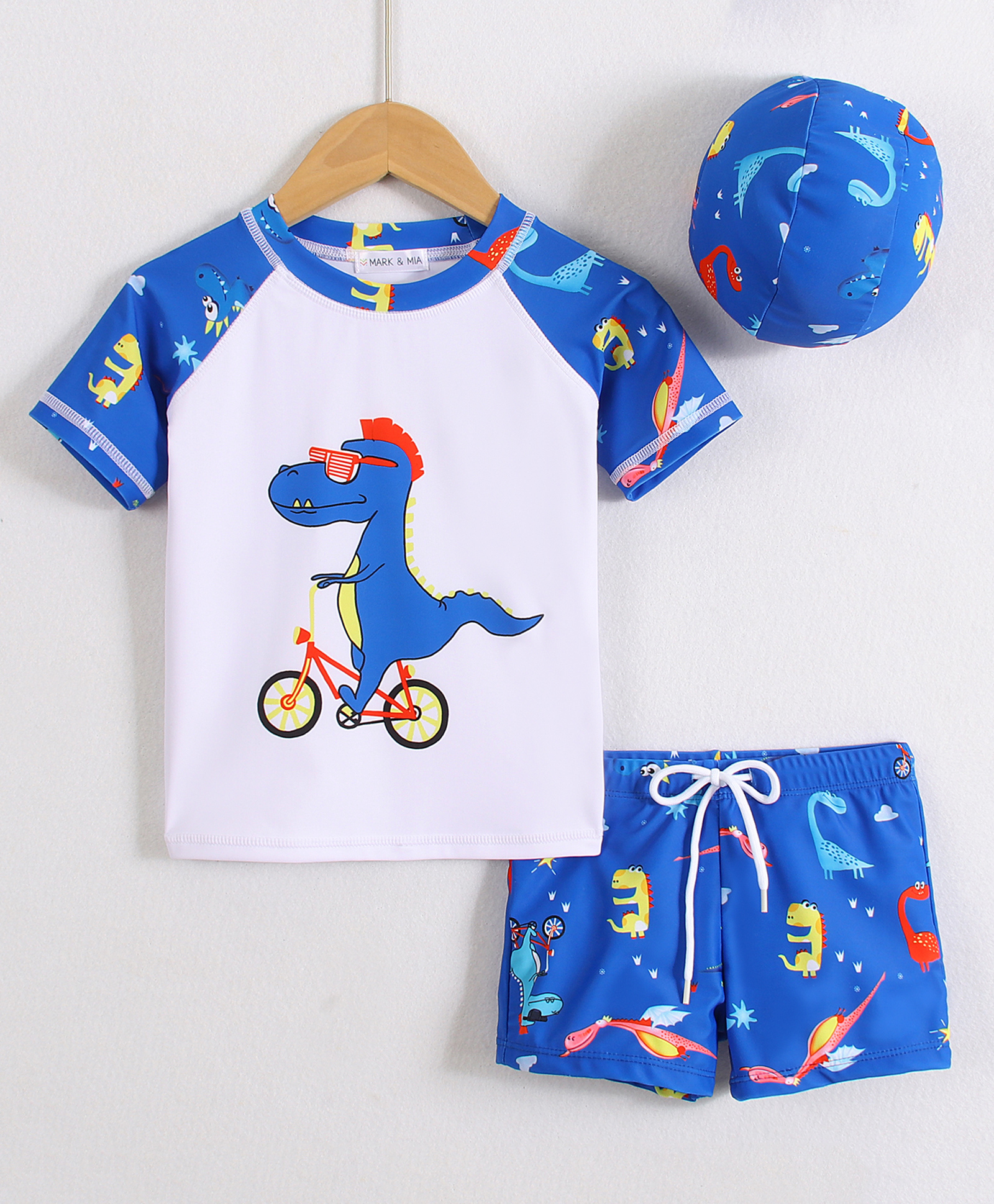 Mark & Mia Half Raglan Sleeves Two Piece Swimsuit With Dino Print & Swimming Cap - White & Blue