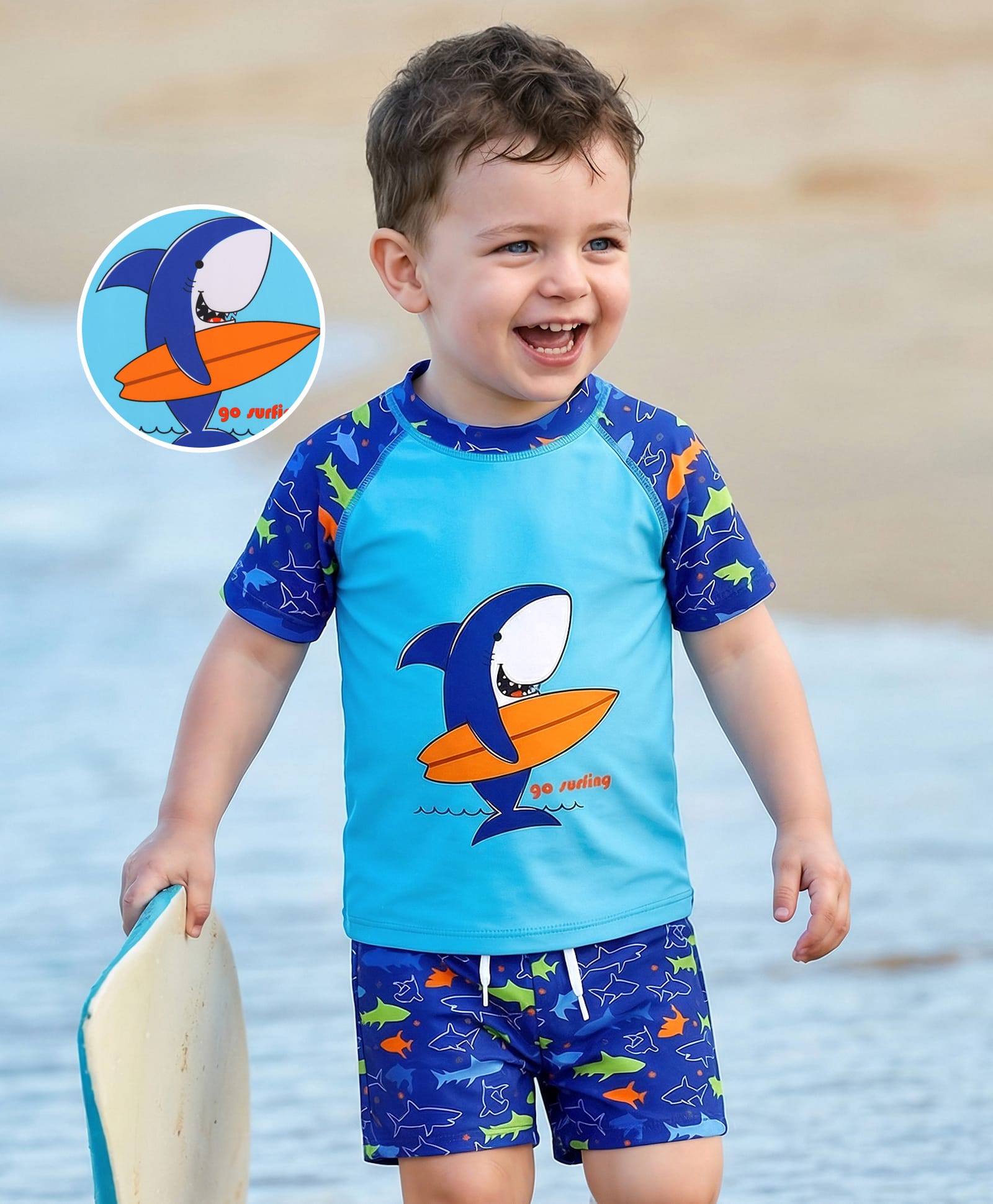 Mark & Mia Half Raglan Sleeves Two Piece Swimsuit with Shark Print -Blue-picture-25