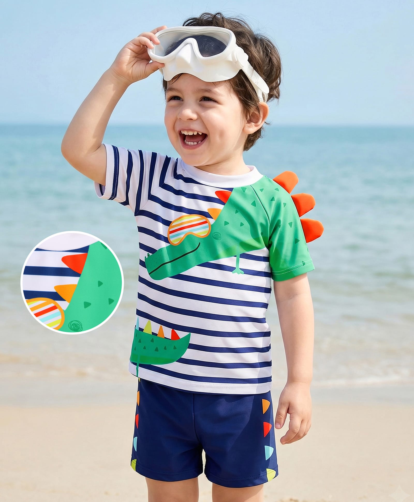 Mark & Mia Half Raglan Sleeves Two Piece Swimsuit with Stripes & CrocodilePrint - Navy Blue-image-39