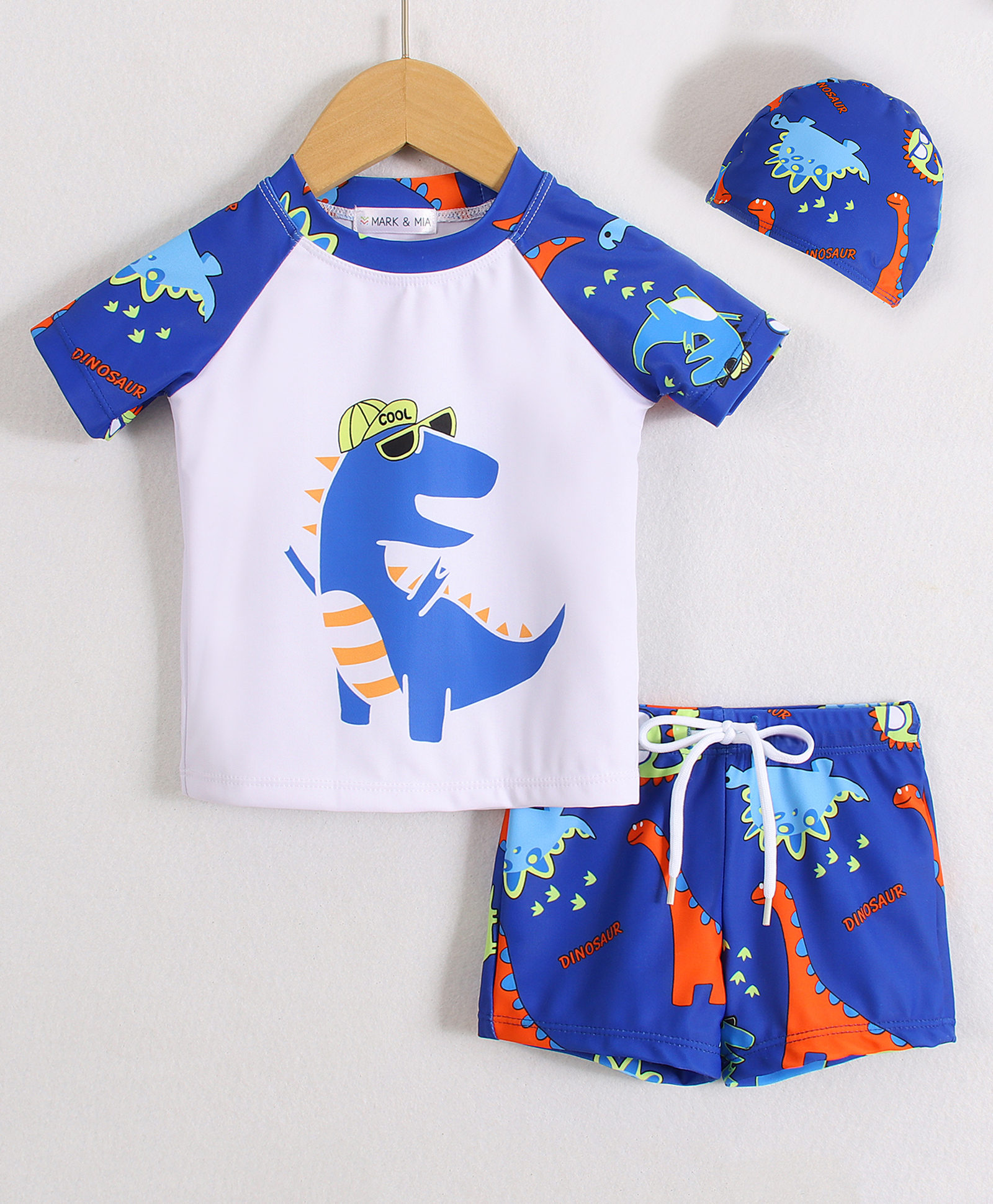 Mark & Mia Half Raglan Sleeves Two Piece Swimsuit & Cap with Dino Print - Blue