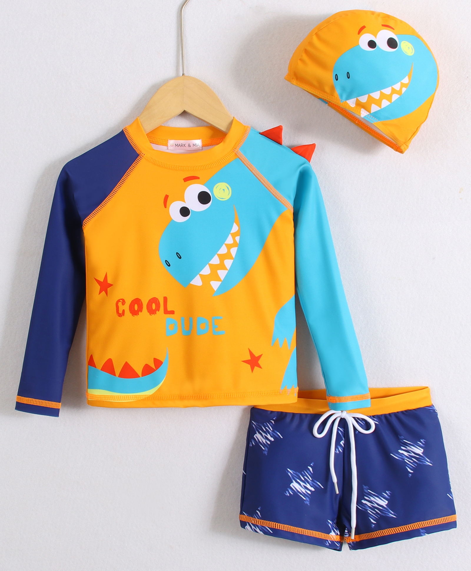 Mark & Mia Full Raglan Sleeves Two Piece Swimsuit & Cap with Dino Print - Navy Blue-image-24