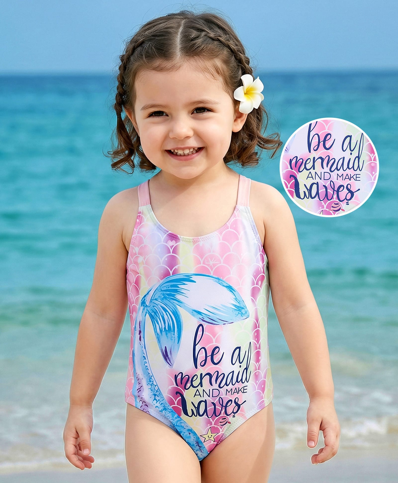 Mark & Mia Sleeveless V Cut Swimsuit with Be As A Mermaid Text Print - Pink-picture-13