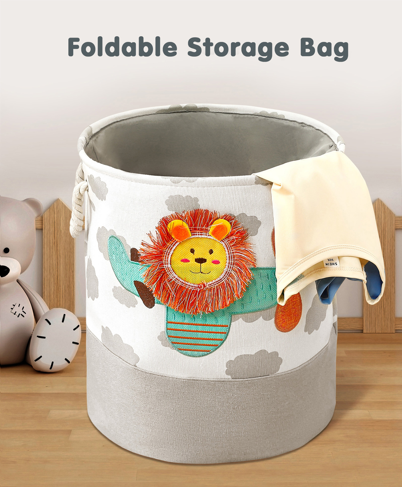 Foldable Laundry Bag Lion in the Plane Print - Off White & Grey-image-2