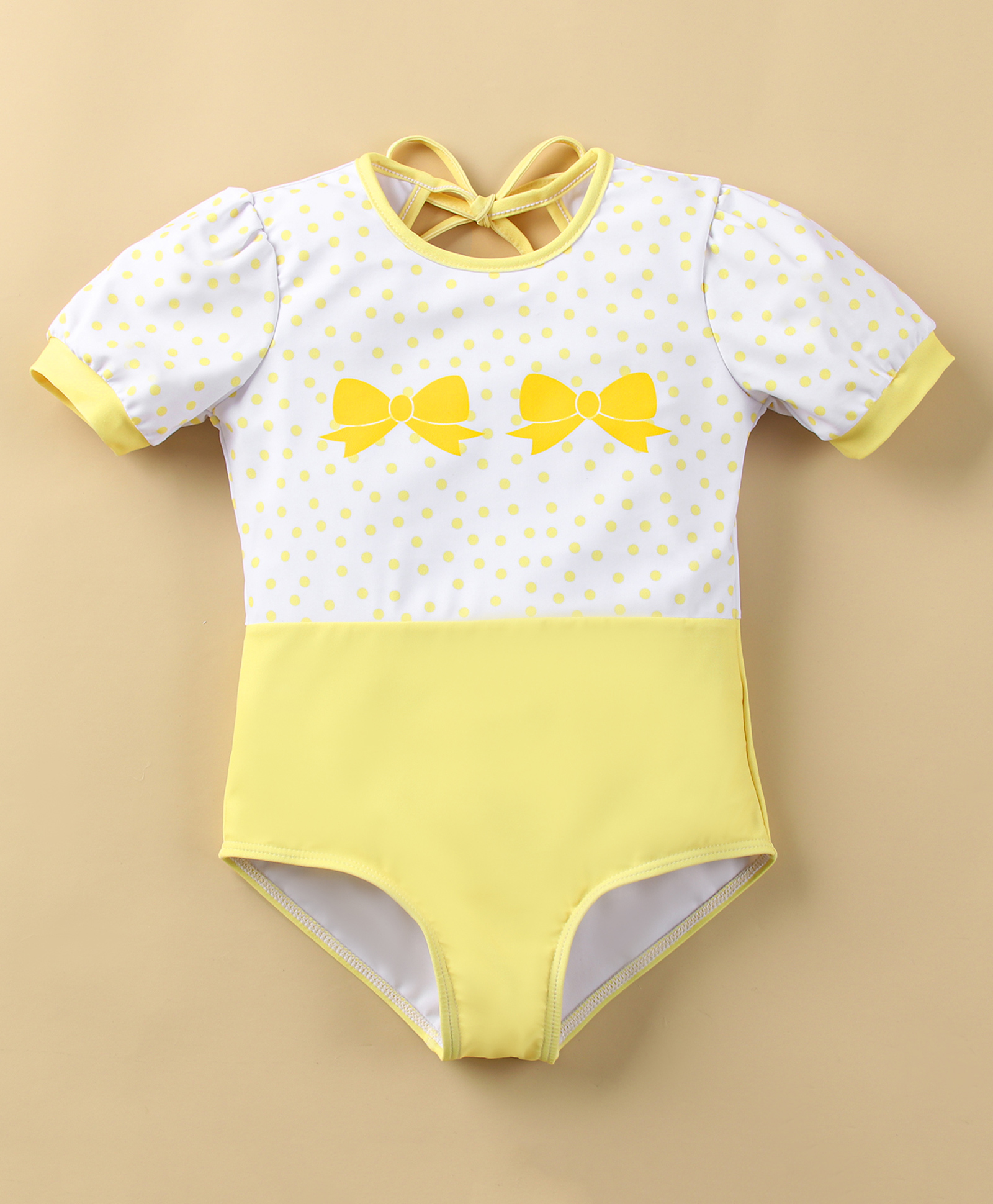 Mark & Mia Half Sleeves V Cut Swimsuit With Bow & Polka Dot Print - Yellow-picture-11