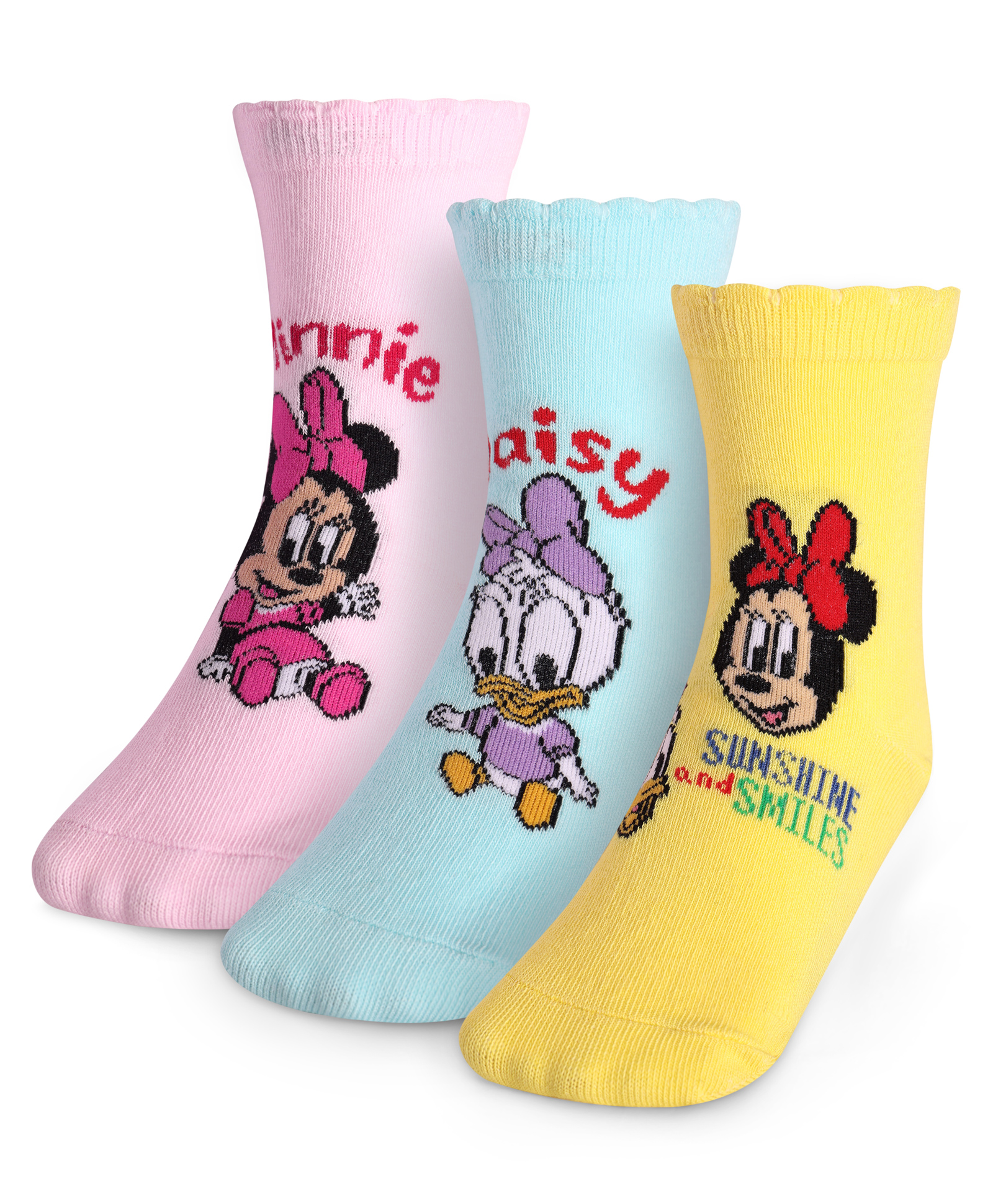 Cute Walk By Babyhug Disney Ankle Length Anti-Bacterial Socks With Minnie Mouse And Family Graphics Pack Of 3 - Pink Light Blue & Yellow-picture-10