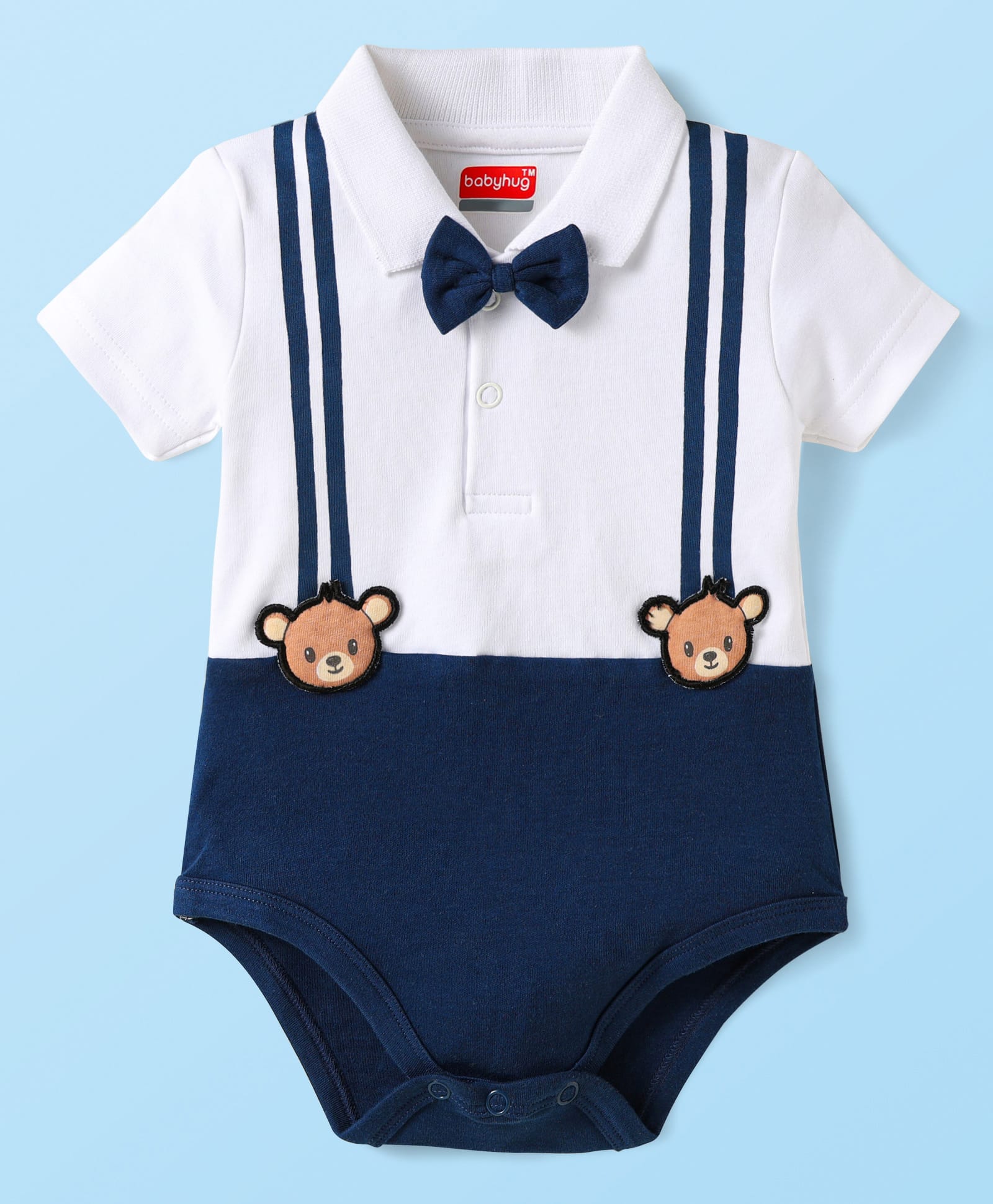 Babyhug 100% Cotton Knit Half Sleeves Onesie With Teddy Bear Patch & Bow Applique - White & Navy Blue-image-19
