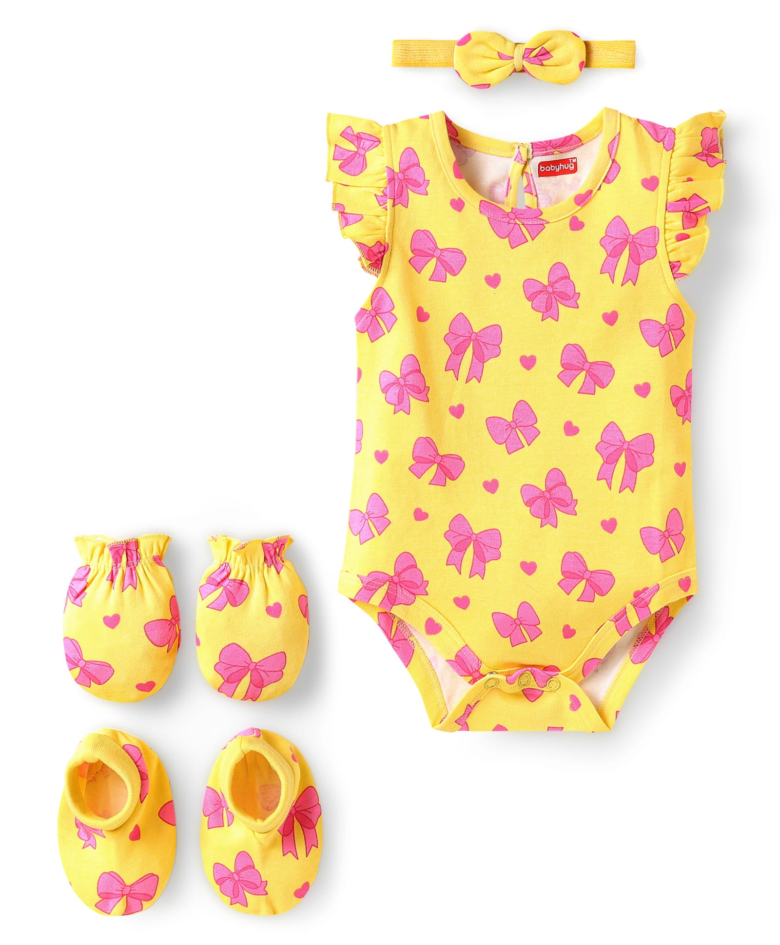 Babyhug 100% Cotton Knit Frill Sleeves Bow Printed Onesie With Hairband Mittens & Booties - Yellow-image-10