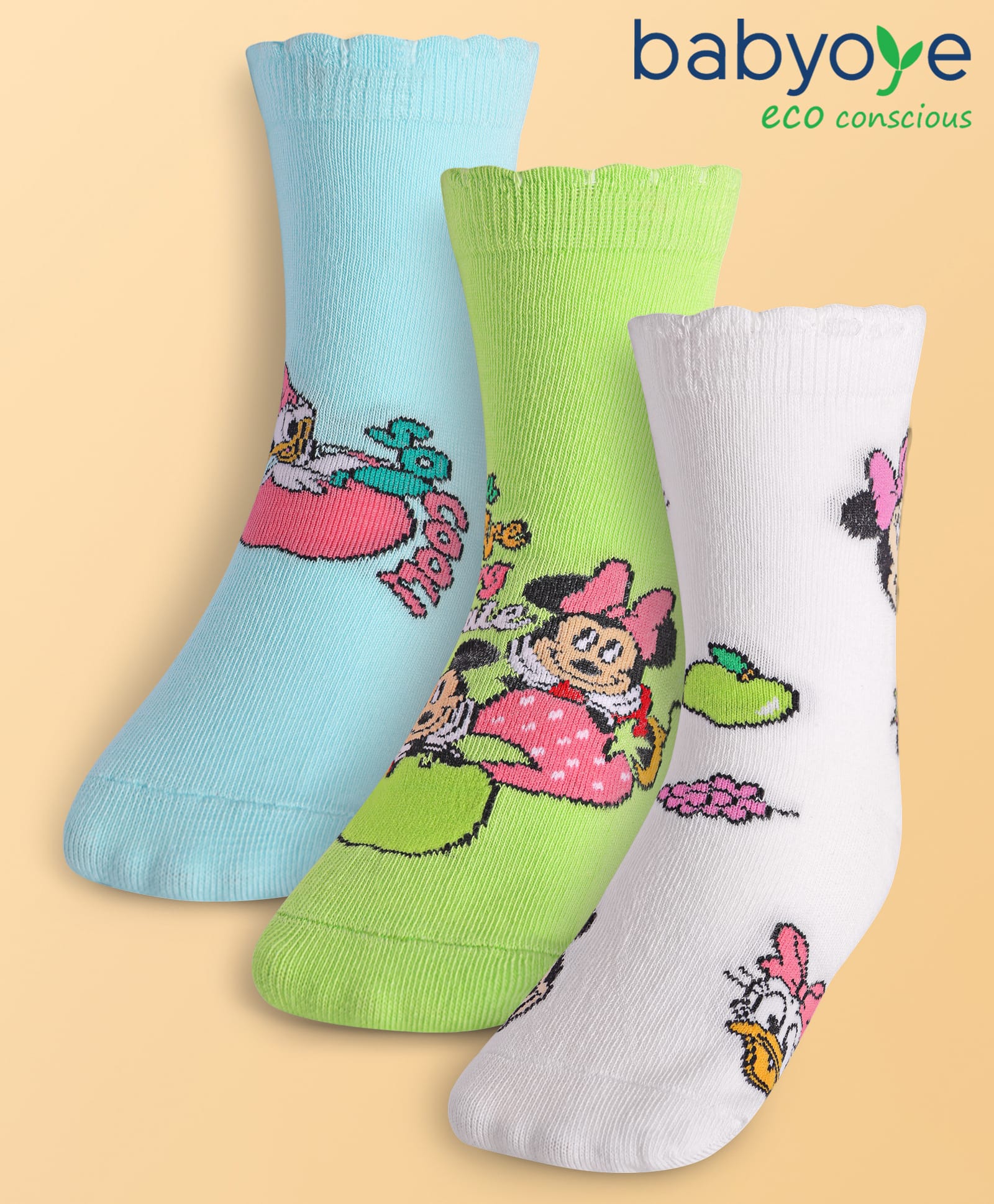 babyoye disney Cute Walk By Babyhug Disney Ankle Length Anti-Bacterial Socks With Minnie Mouse And Family Graphics Pack Of 3 - Green White & Light Blue-picture-49
