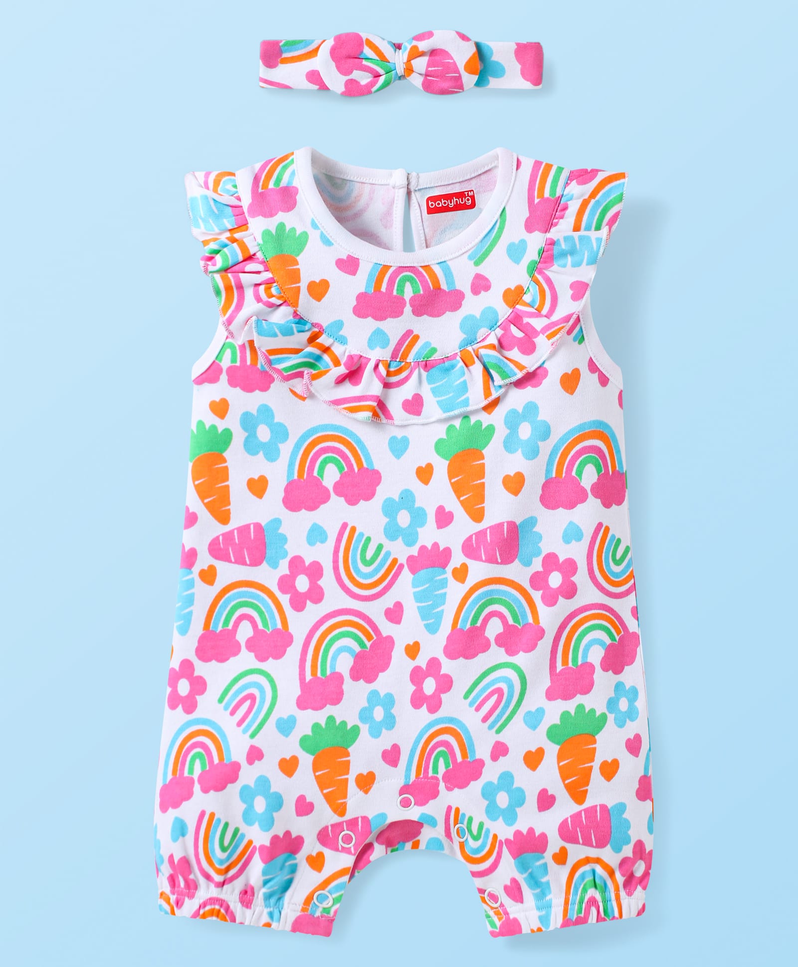 Babyhug Cotton Knit Frill Sleeves Romper & Hairband with Tropical Print - White & Pink-image-23