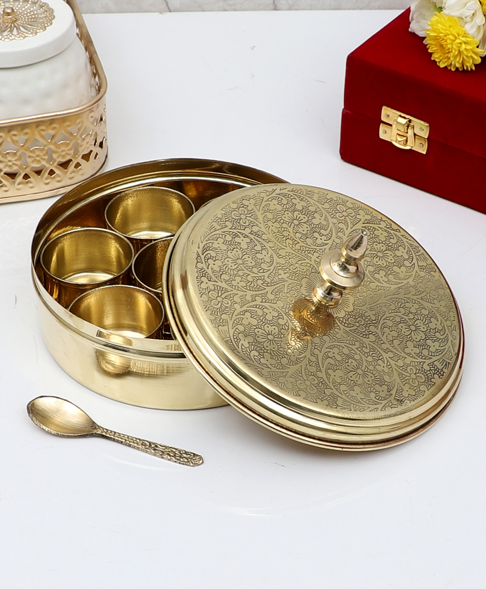 Amaya Decors Brass Masala Box Set-image-5