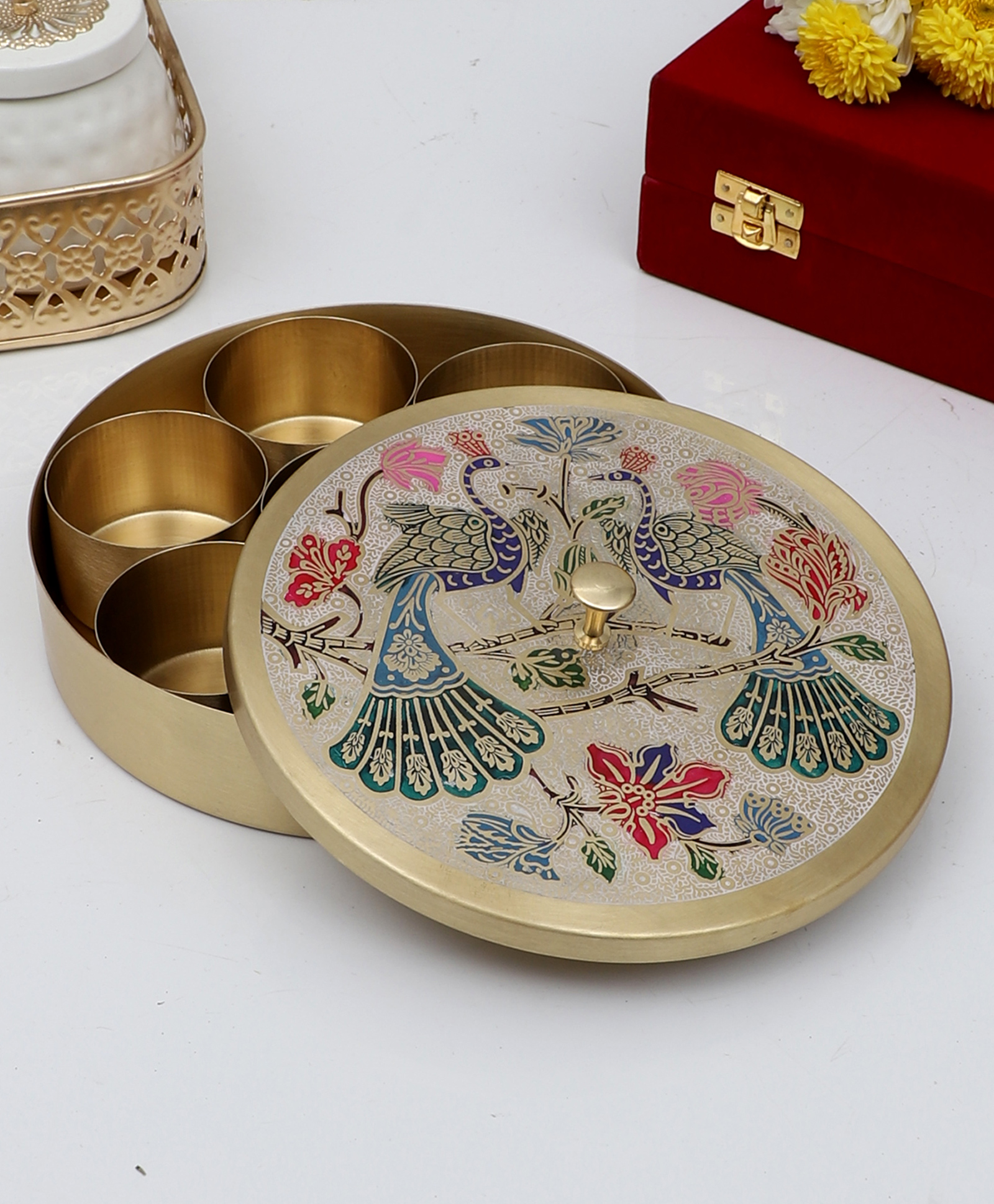 Amaya Decors Colored Brass Masala Box Set-image-28
