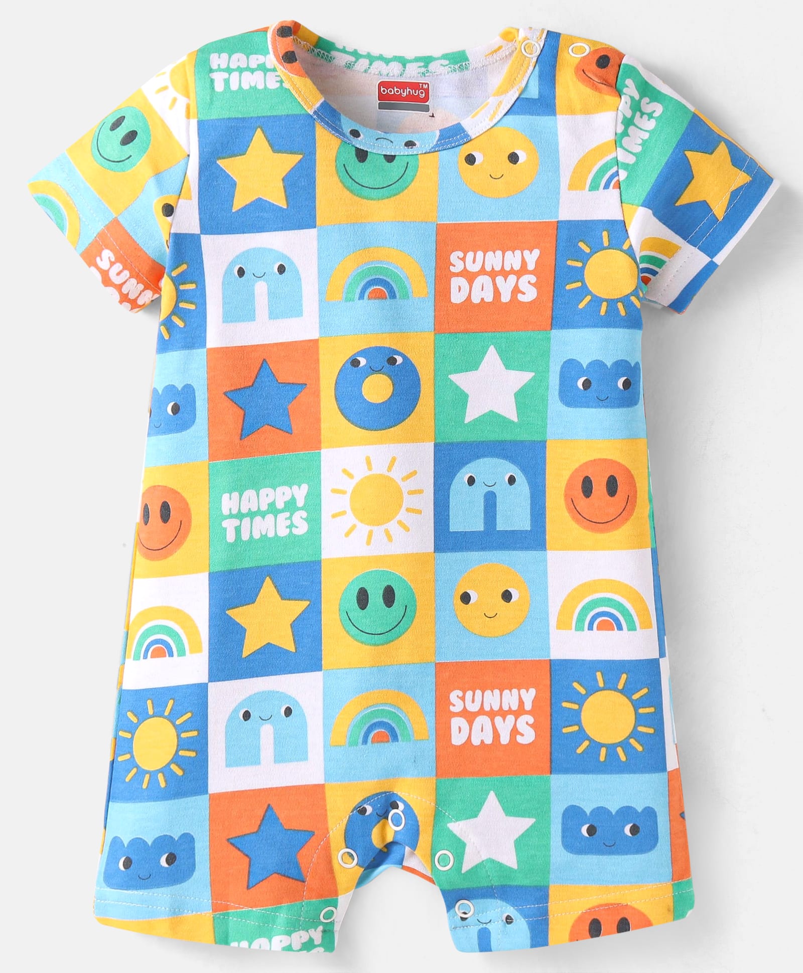 Babyhug 100% Cotton Knit Half Sleeves Romper with Smiley Print - White-image-8