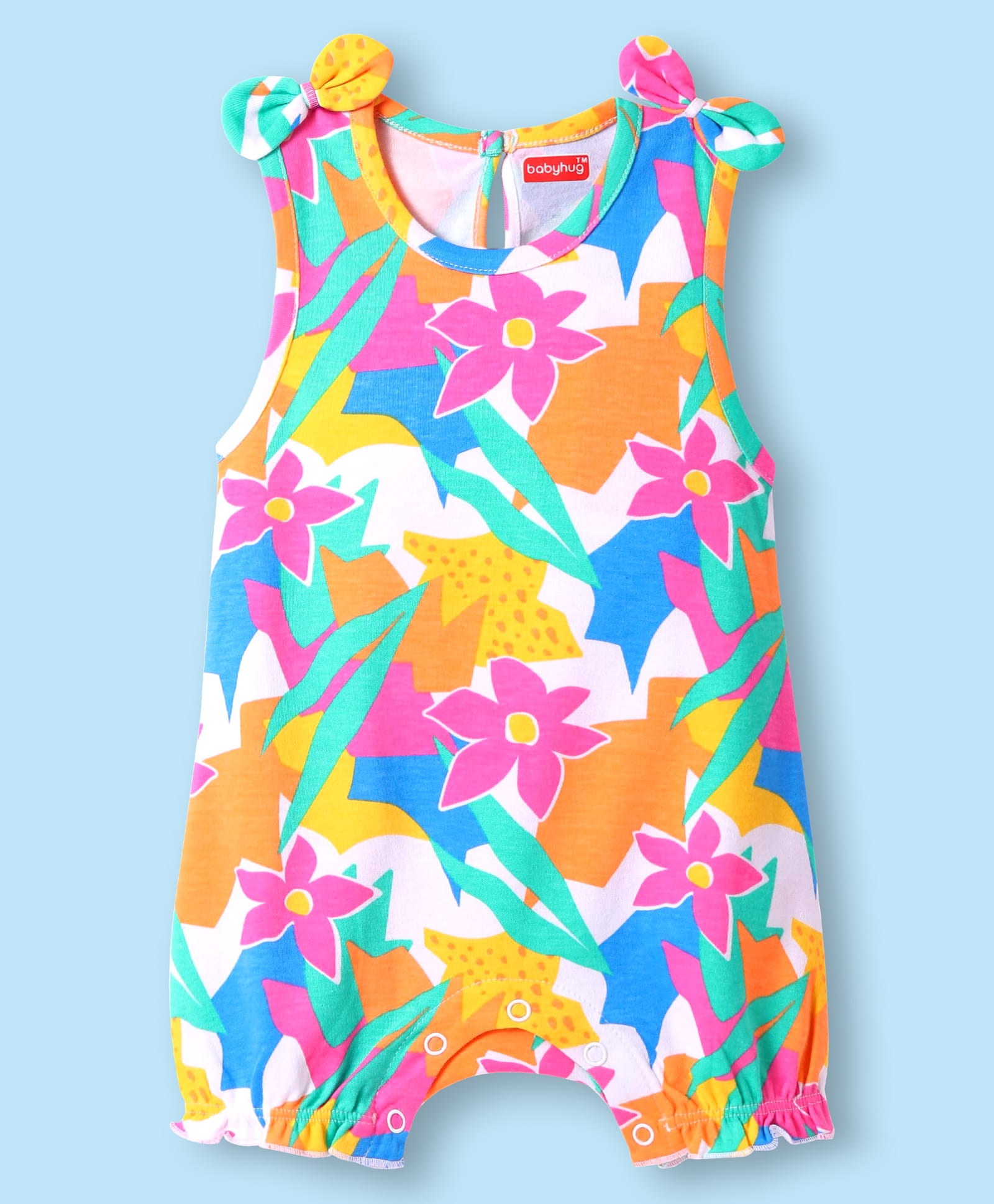 Babyhug 100% Cotton Knit Sleeveless Romper with Floral Print - White-image-10