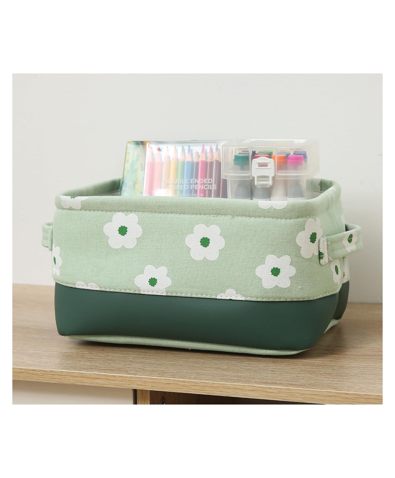 House of Quirk Stylish Storage Basket Cotton & Linen Fabric Mini Storage Cubes Nursery Storage Baskets with Handles for Shelves & Desks - Green-image-10
