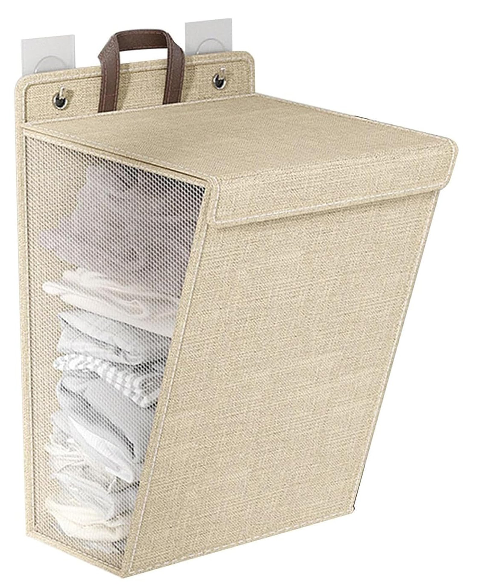 House of Quirk Wall Mounted Laundry Basket Foldable Clothes Hamper with Handles Household Organizer Storage Bin for Bedroom Hamper - Beige-image-37