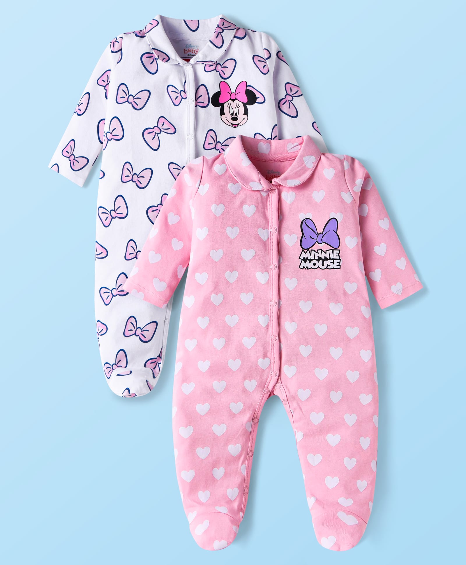Babyhug Disney Interlock Knit Full Sleeves Minnie Mouse Graphics And Peter Pan Collar Sleep Suits Pack Of 2 - Pink & White-image-35