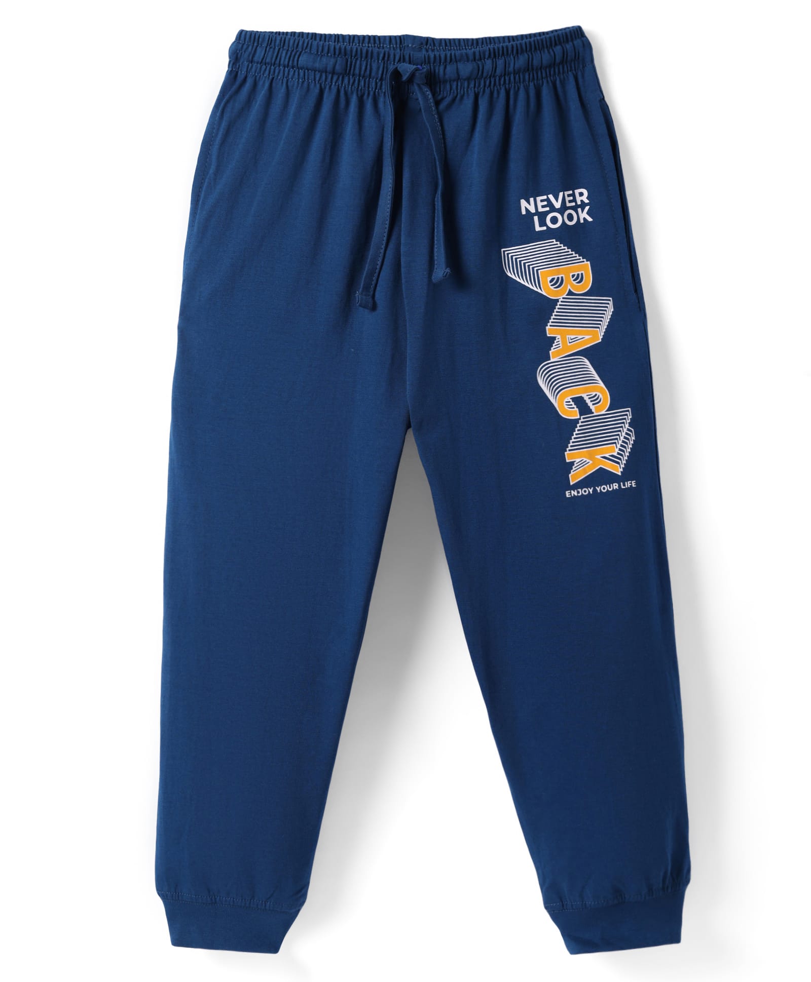 Taeko Single Jersey Knit Full Length Lounge Pant With Never Look Back Text Print - Blue-image-42