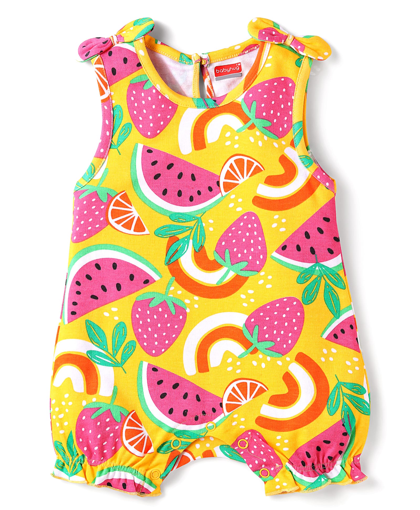 Babyhug 100% Cotton Knit Sleeveless Romper with Fruits Print & Bow Applique - Yellow-image-6