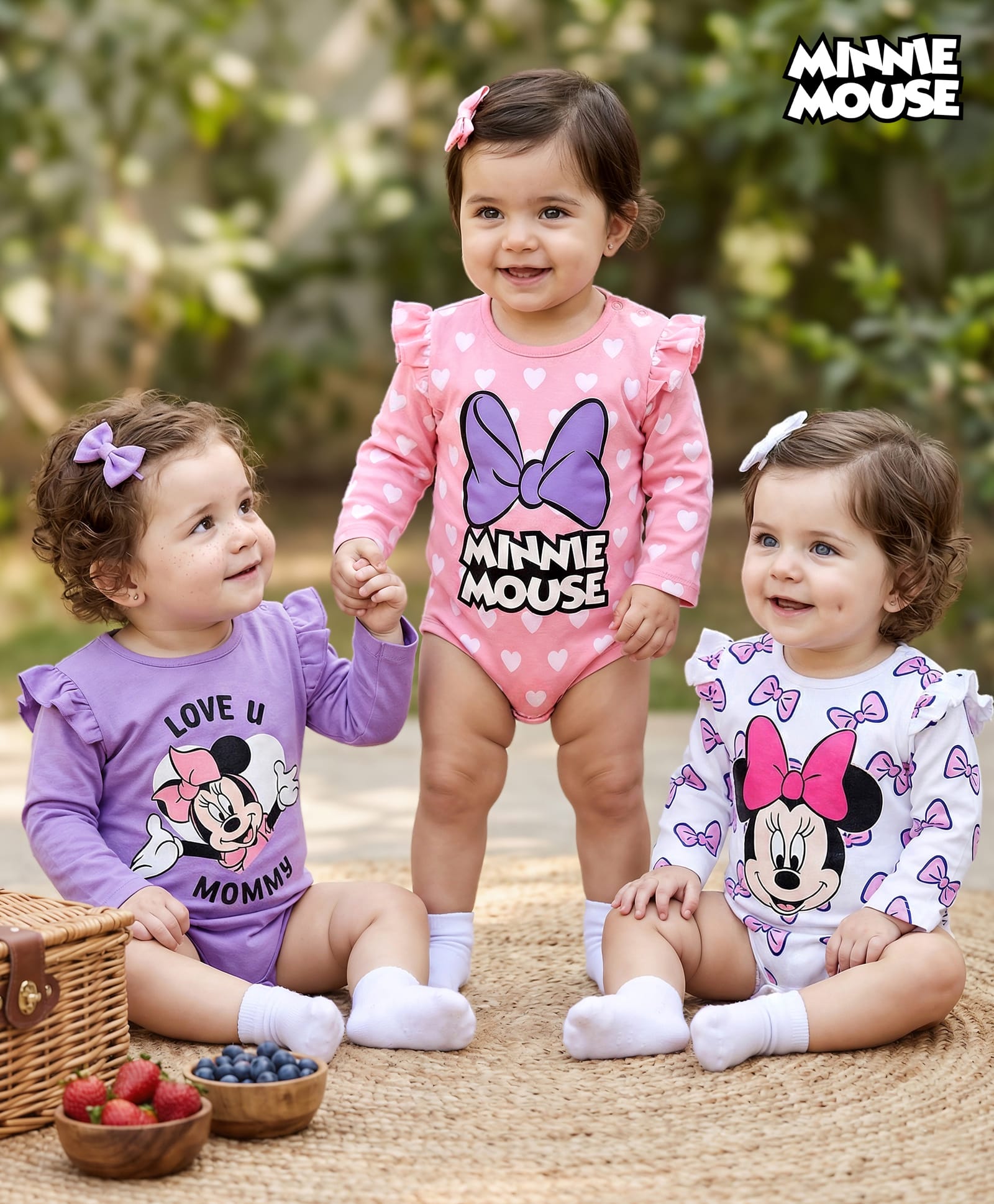 Babyhug Disney Interlock knit Full Sleeves Onesies With Minnie Mouse Graphics & Frill Detailing Pack of 3 - Purple Pink & White-picture-15