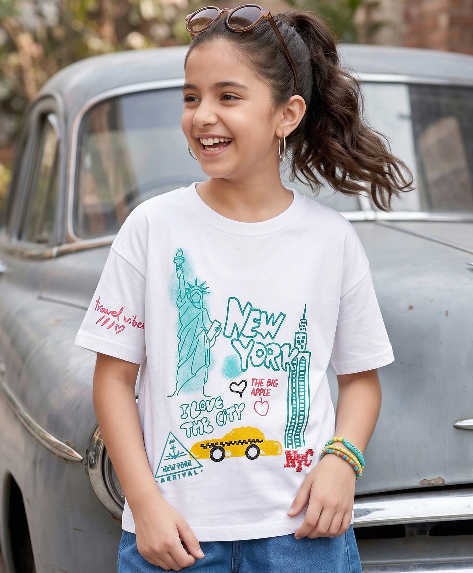 Pine Kids Cotton Knit Half Sleeves T-Shirt with New York Print - White-image-18