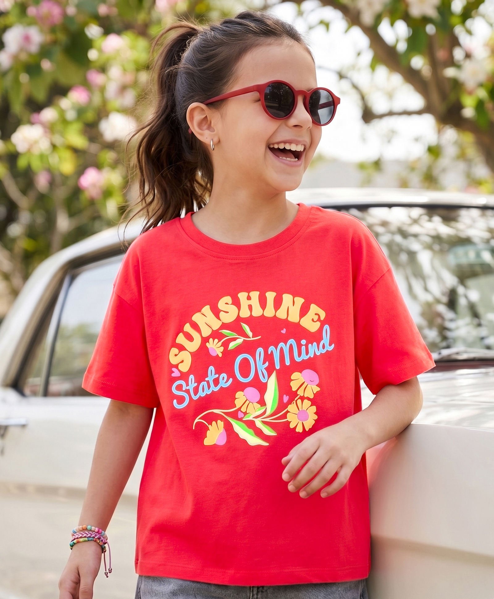 Pine Kids Cotton Knit Half Drop Shoulder Sleeves T-Shirt with Text Print - Red-picture-21