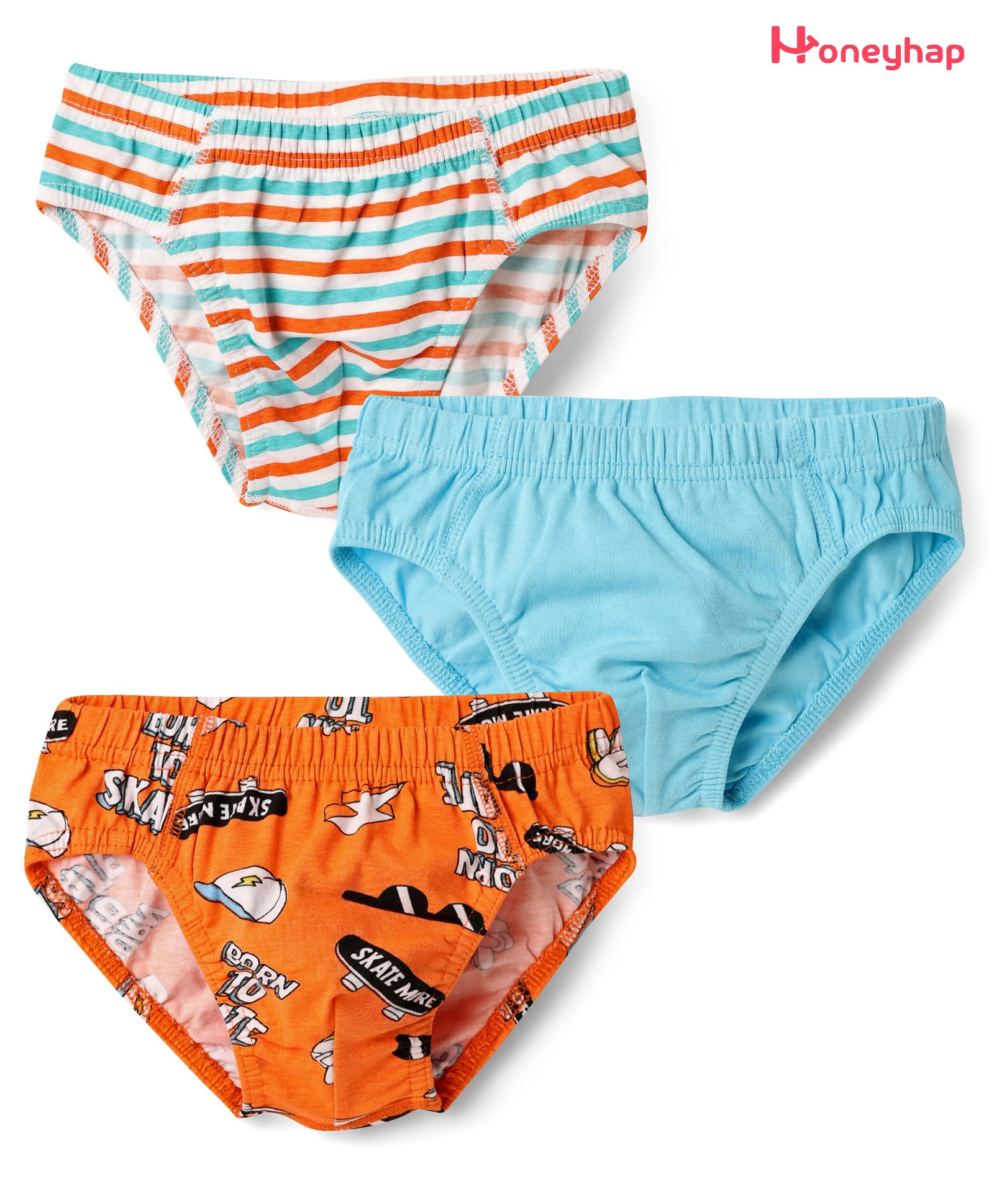 Honeyhap Premium 100% Cotton Knit Bio Finish Briefs with Stripes & Skate Board Print Pack of 3 - Tangerine Blue Radiance & Bright White-image-10