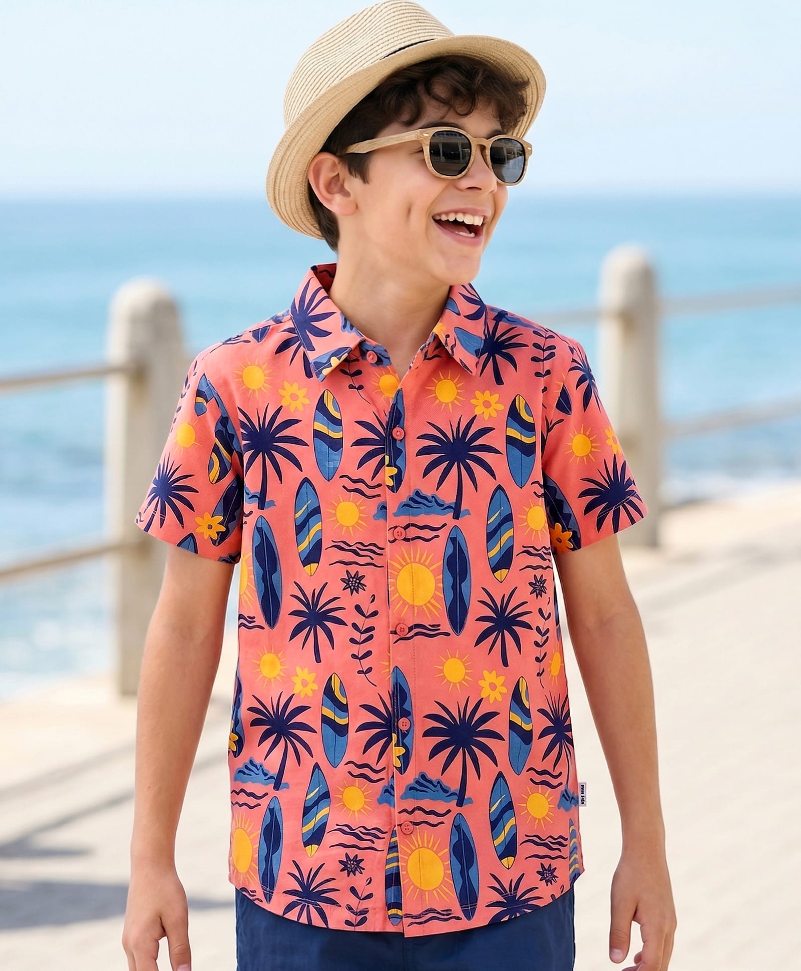 Pine Kids Cotton Knit Half Sleeves Shirt With Tropical Theme Print - Coral-picture-14