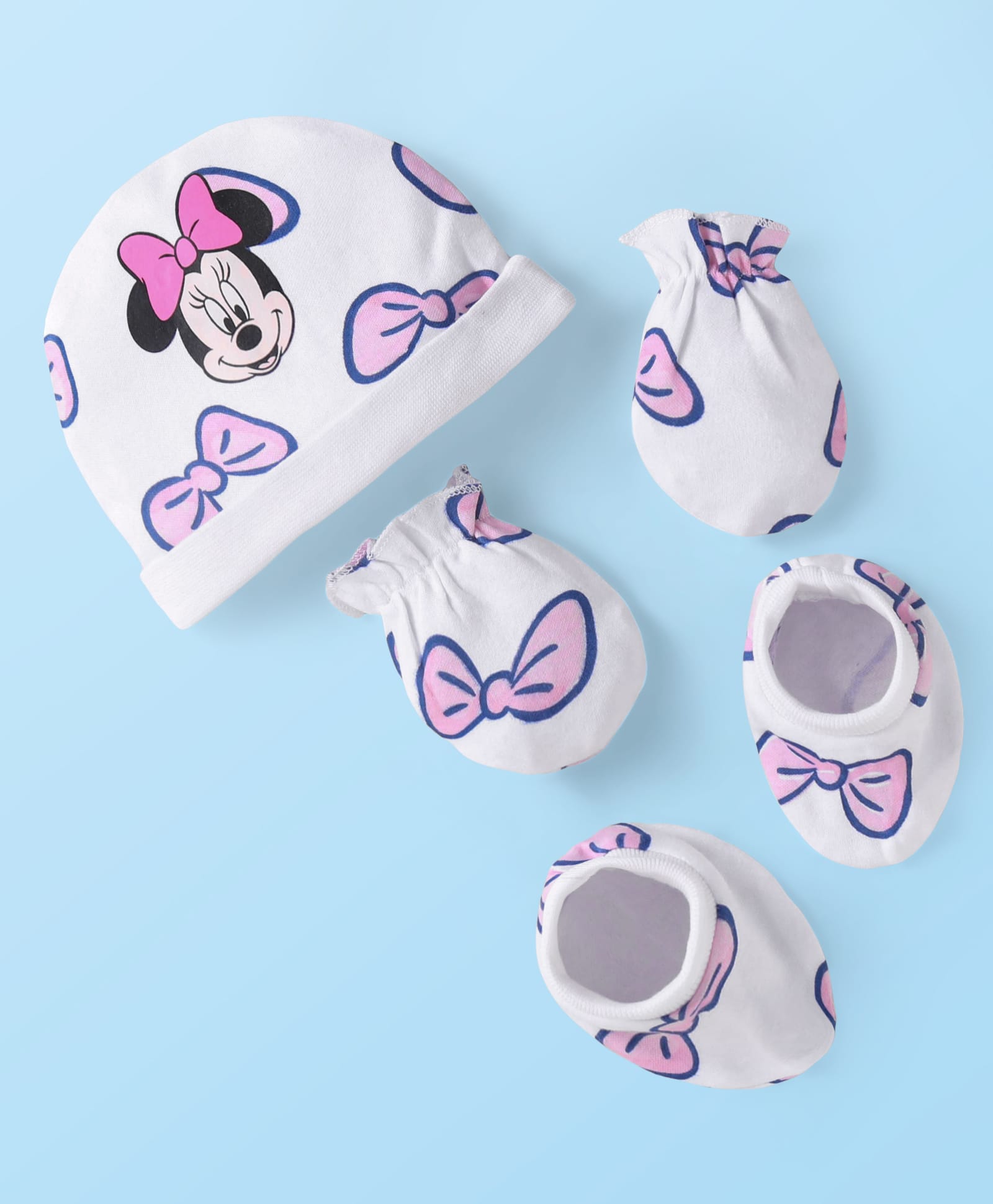 Babyhug Disney Interlock Knit Minnie Mouse Printed Cap Mittens & Booties Set -White-image-49