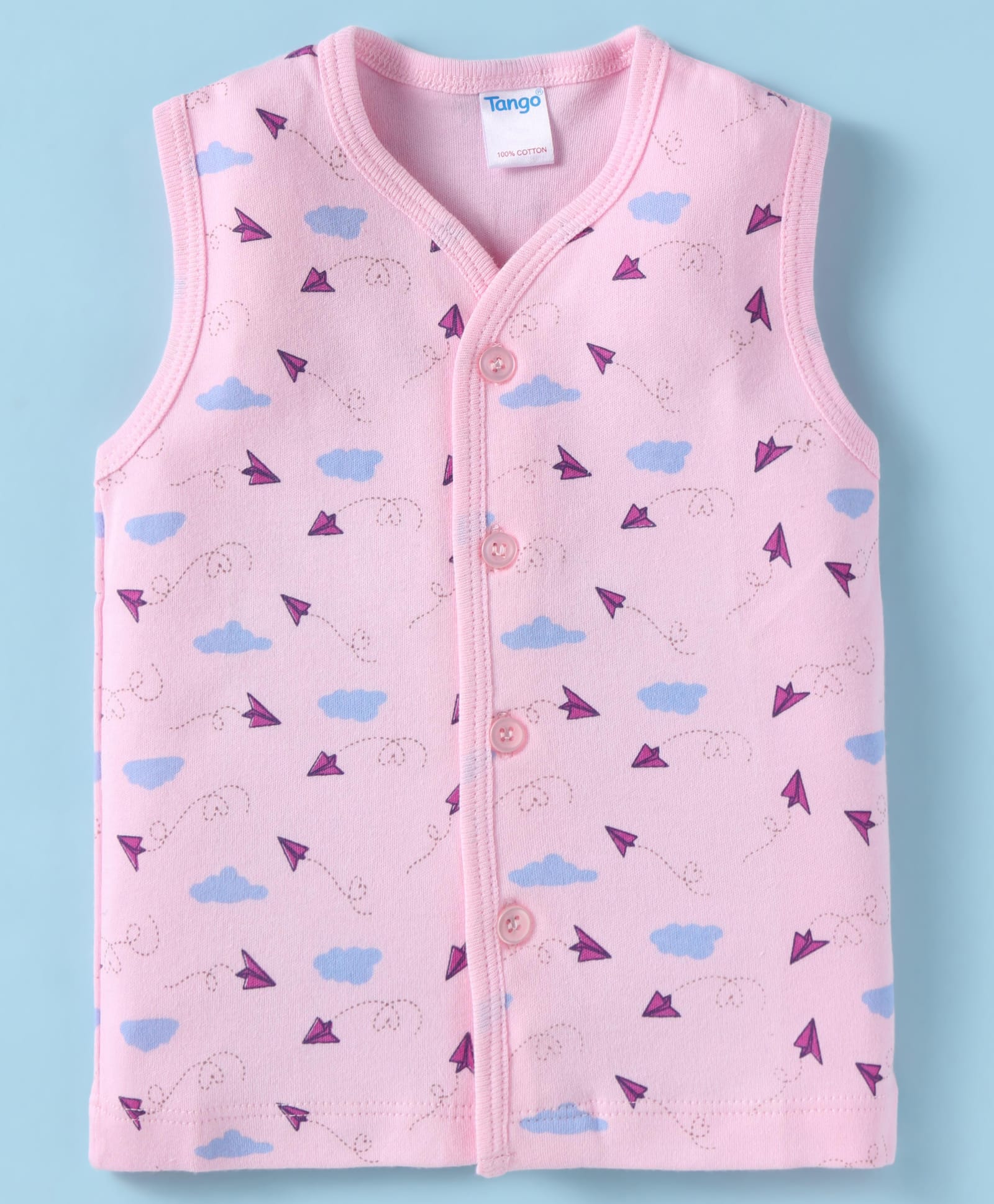 Tango Single Jersey Knit Sleeveless Jhabla With Paper Plane Print - Pink-image-16