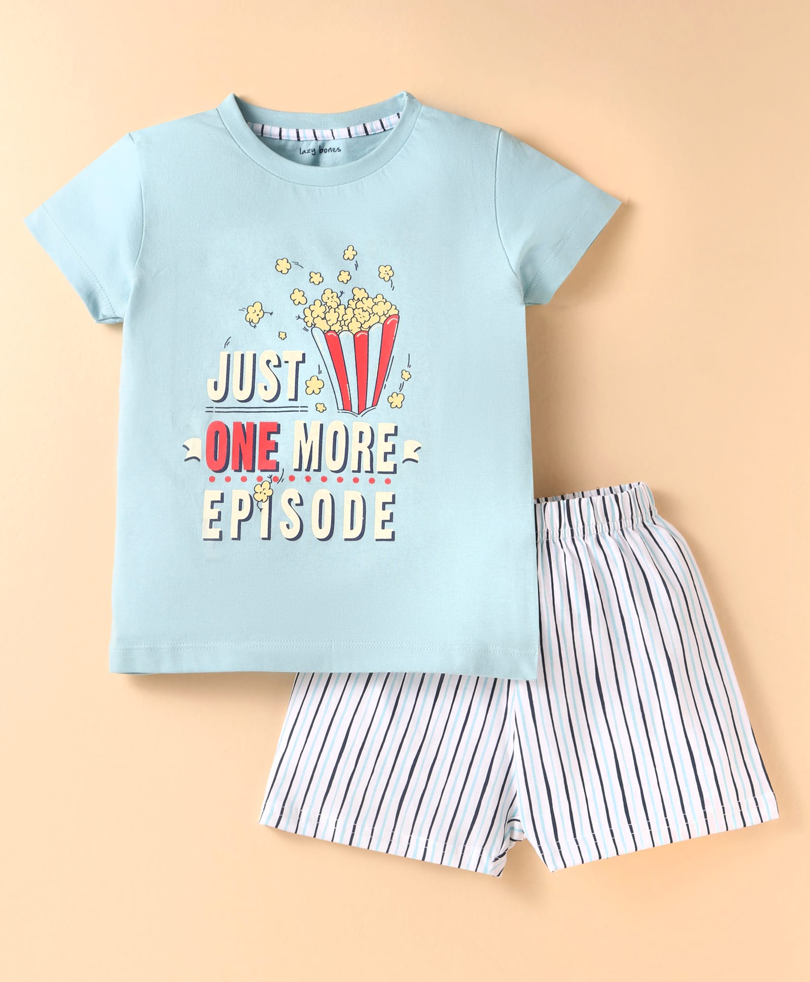 Lazy Bones Sinker Knit Half Sleeves Shorts Night Suit with Just One More Episode Print -Sky Blue-picture-24