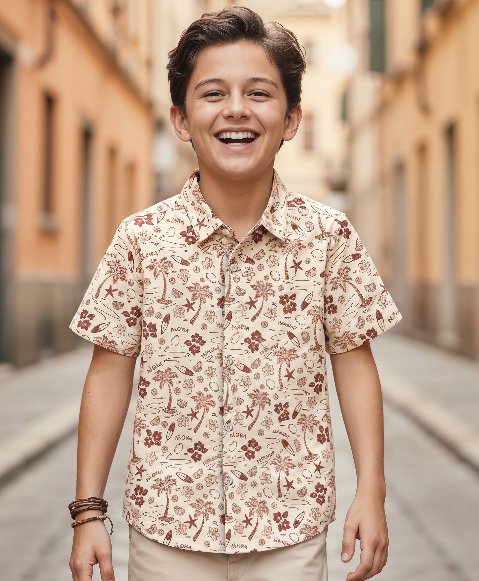 Pine Kids Cotton Knit Half Sleeves Shirt With Tree Print - Beige-image-43