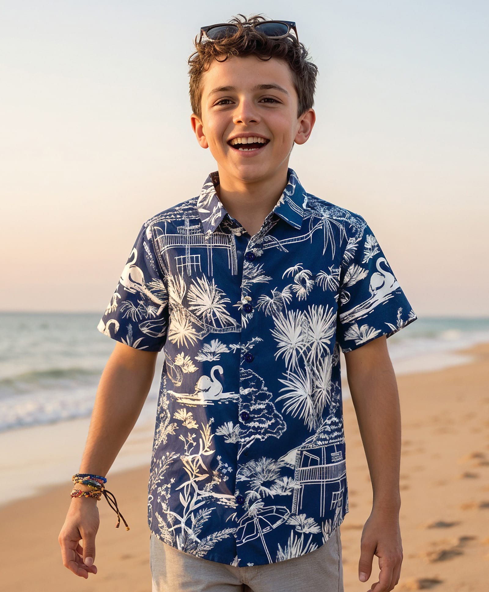 Pine Kids Cotton Knit Half Sleeves Shirt With Bird Print - Navy Blue-picture-32