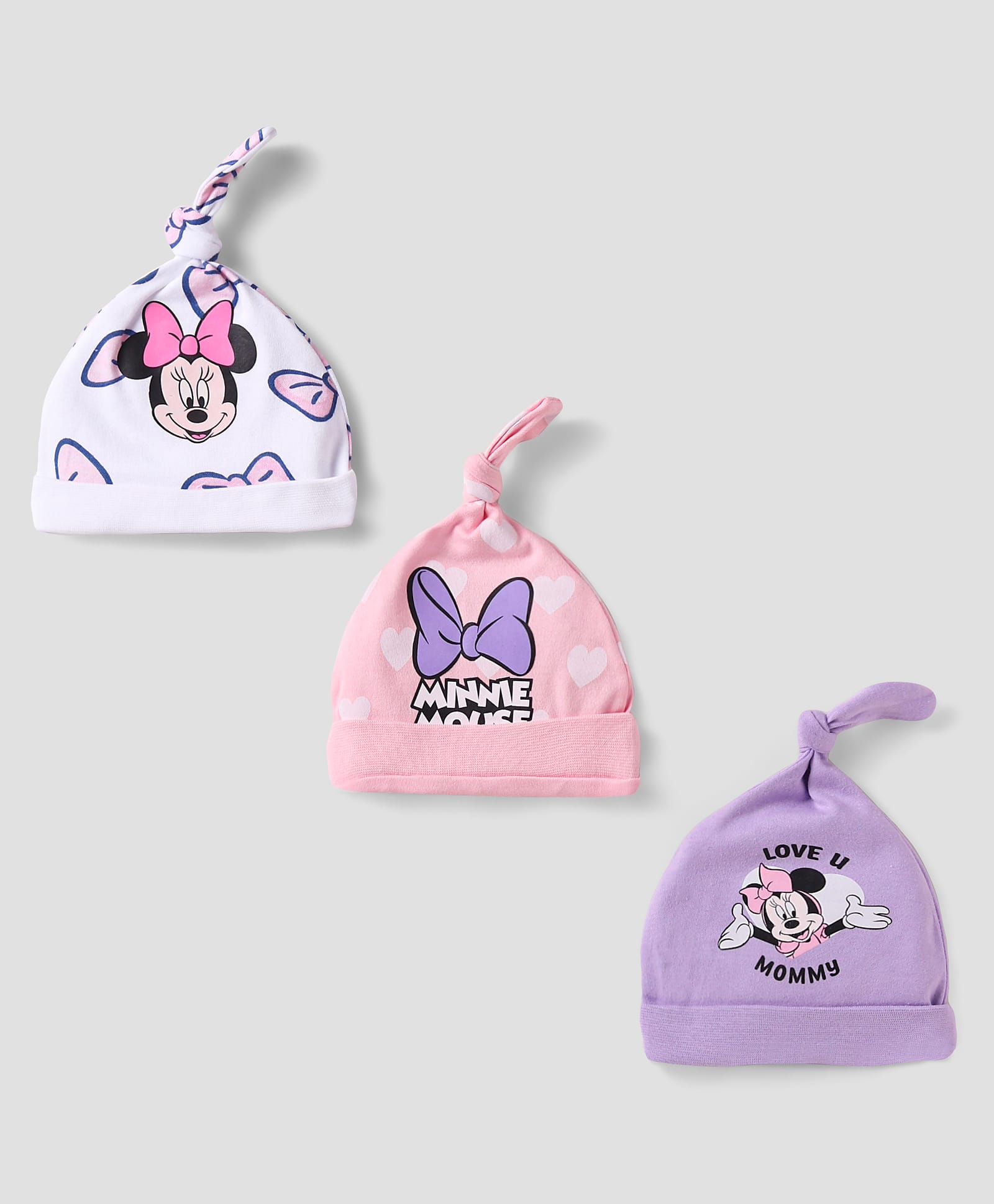 Babyhug Disney Interlock Knit Knot Cap With Minnie Mouse Graphics Pack Of 3 - White Pink & Purple-picture-22