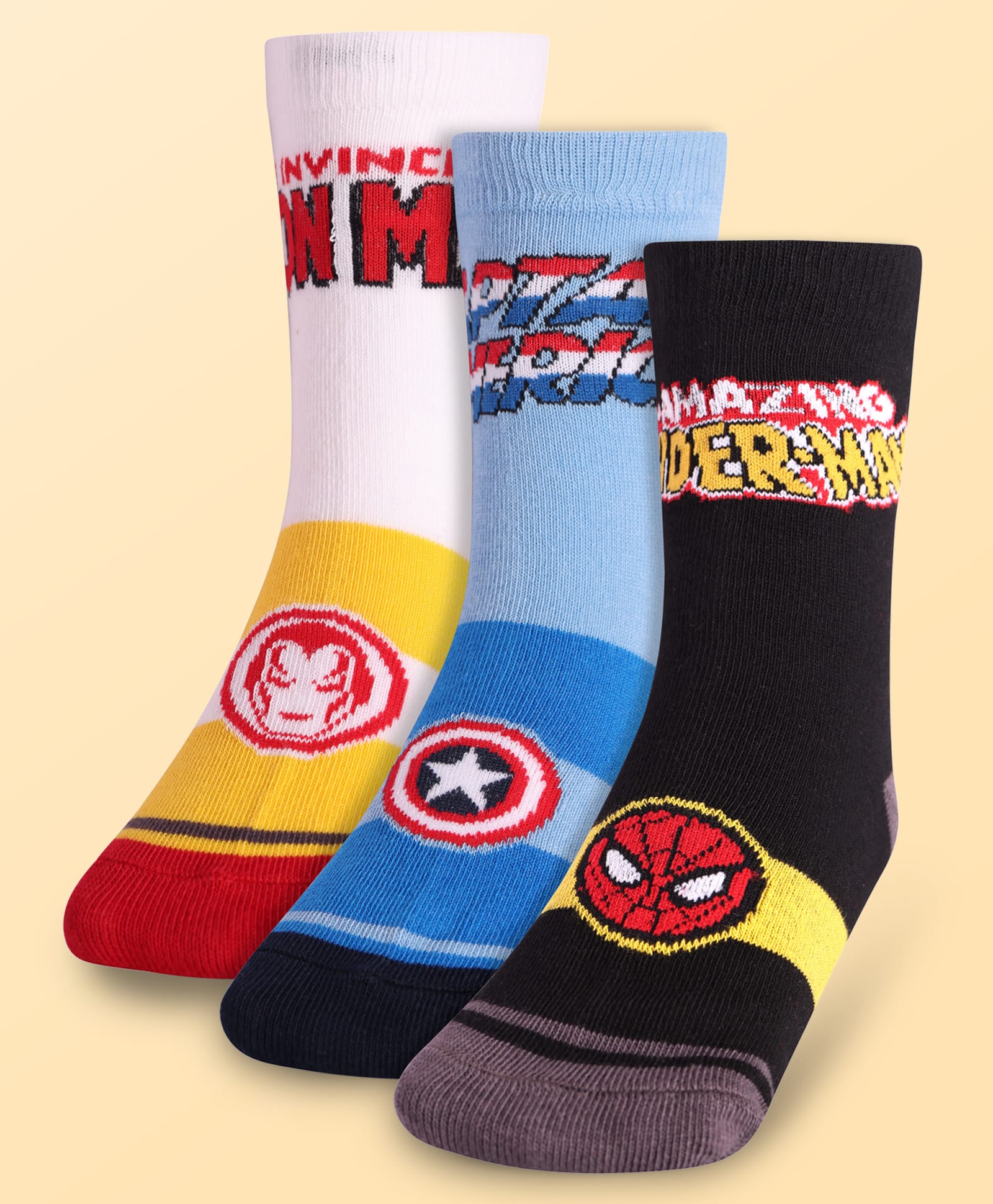 Pine Kids Marvel Ankle Length Anti-Bacterial Socks With Avengers Graphics Pack Of 3 - Blue Black & White-image-2