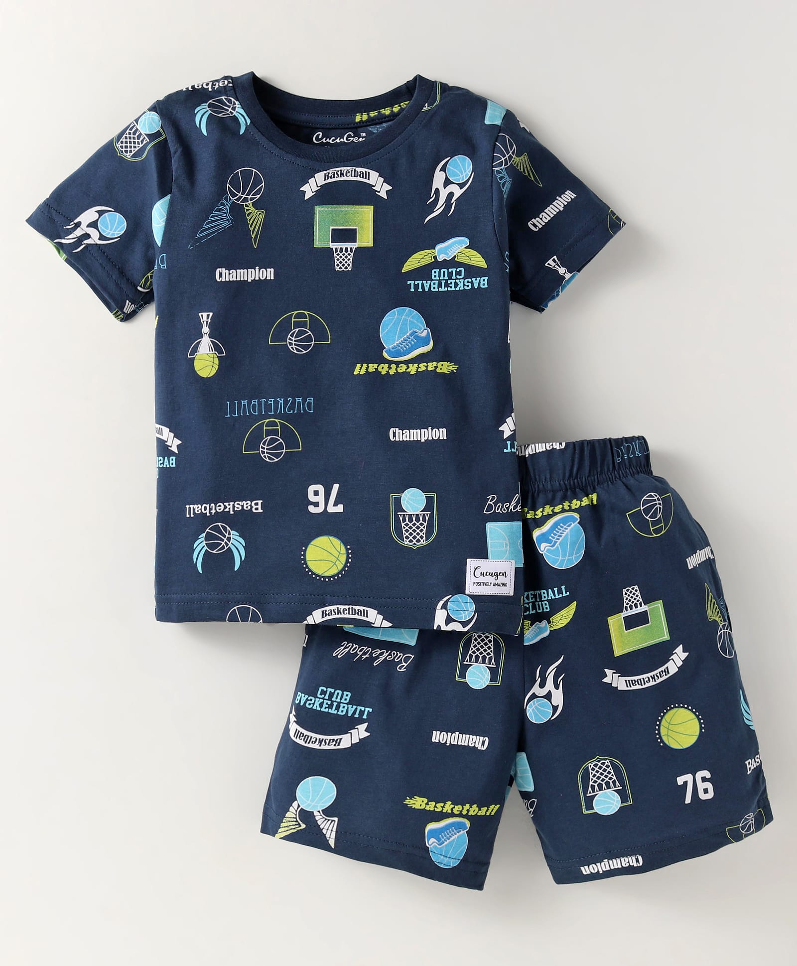 CUCUMBER Sinker Knit Half SleevesShorts Night Suit With Sport Theme Print - Navy Blue-image-47