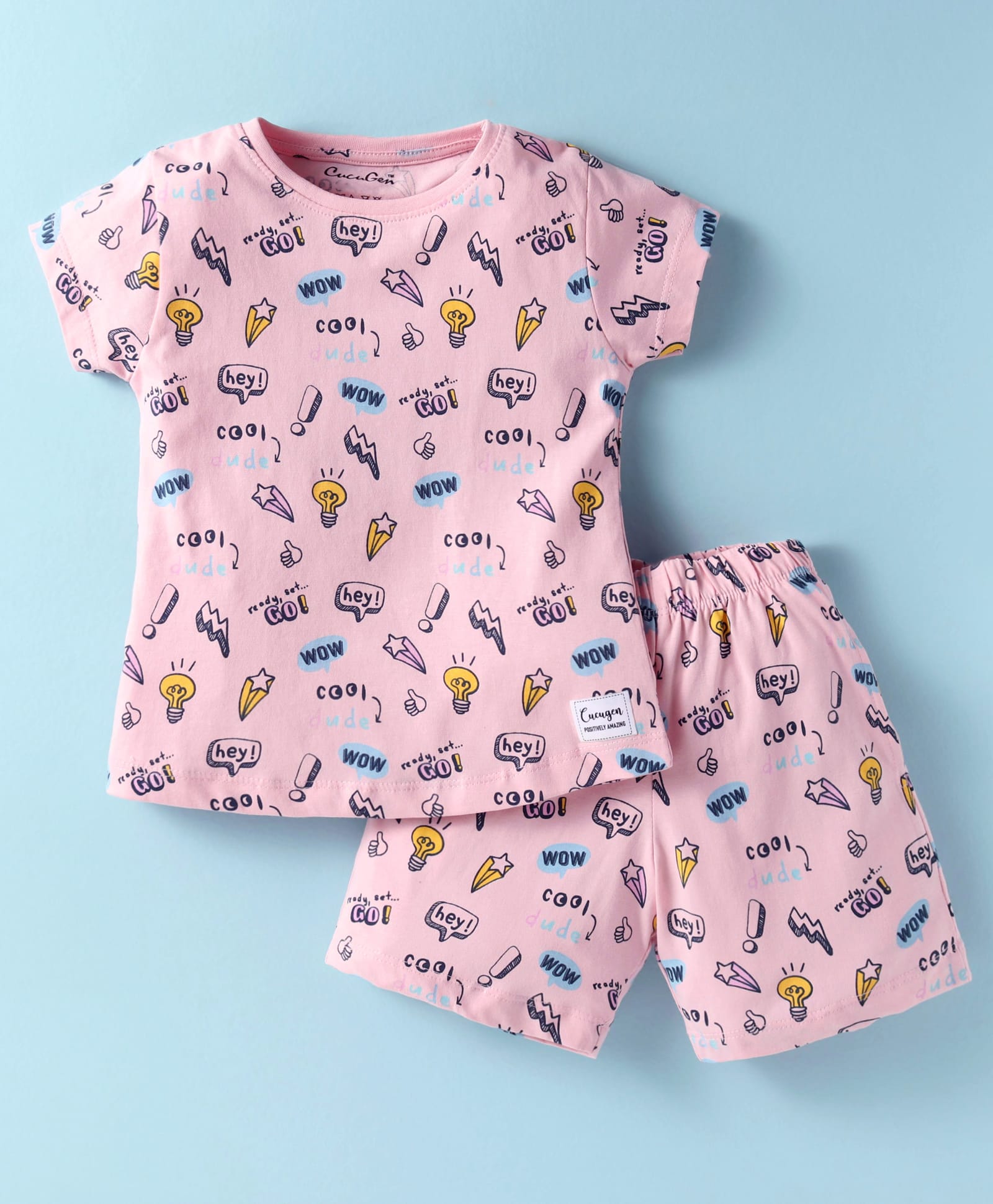CUCUMBER Sinker Knit Half Sleeves Shorts Night Suit with Text Print - Pink-picture-26