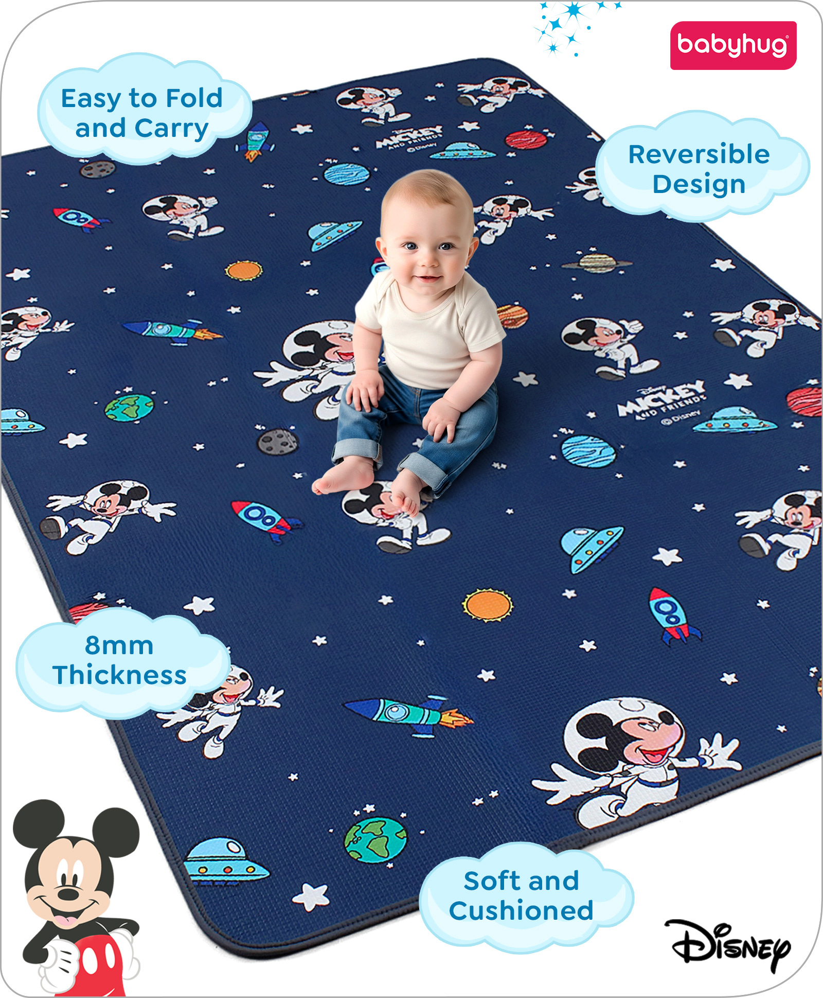 Babyhug Disney Premium Reversible Foldable Waterproof Floor mat- 6ftx4ft|Thickness 8mm|Space Theme|Colorful|Learn and Play Mat|Soft Foam| Anti-Slip Mat|Baby Massage| Carry Bag|BIS Certified