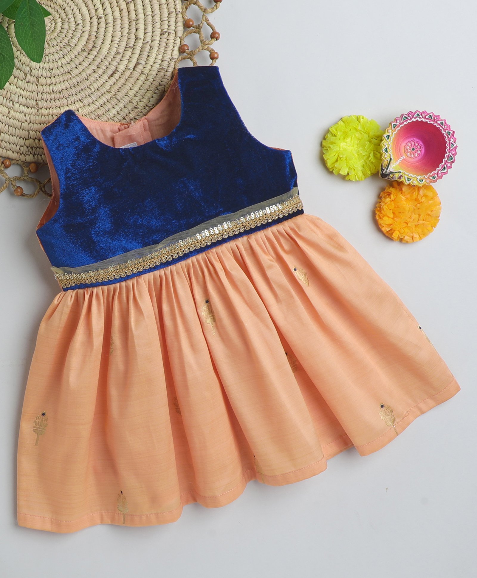 Many frocks & Sleeveless Lace Embellished Ethnic Motifs Foil Printed Dress - Blue & Peach-image-16